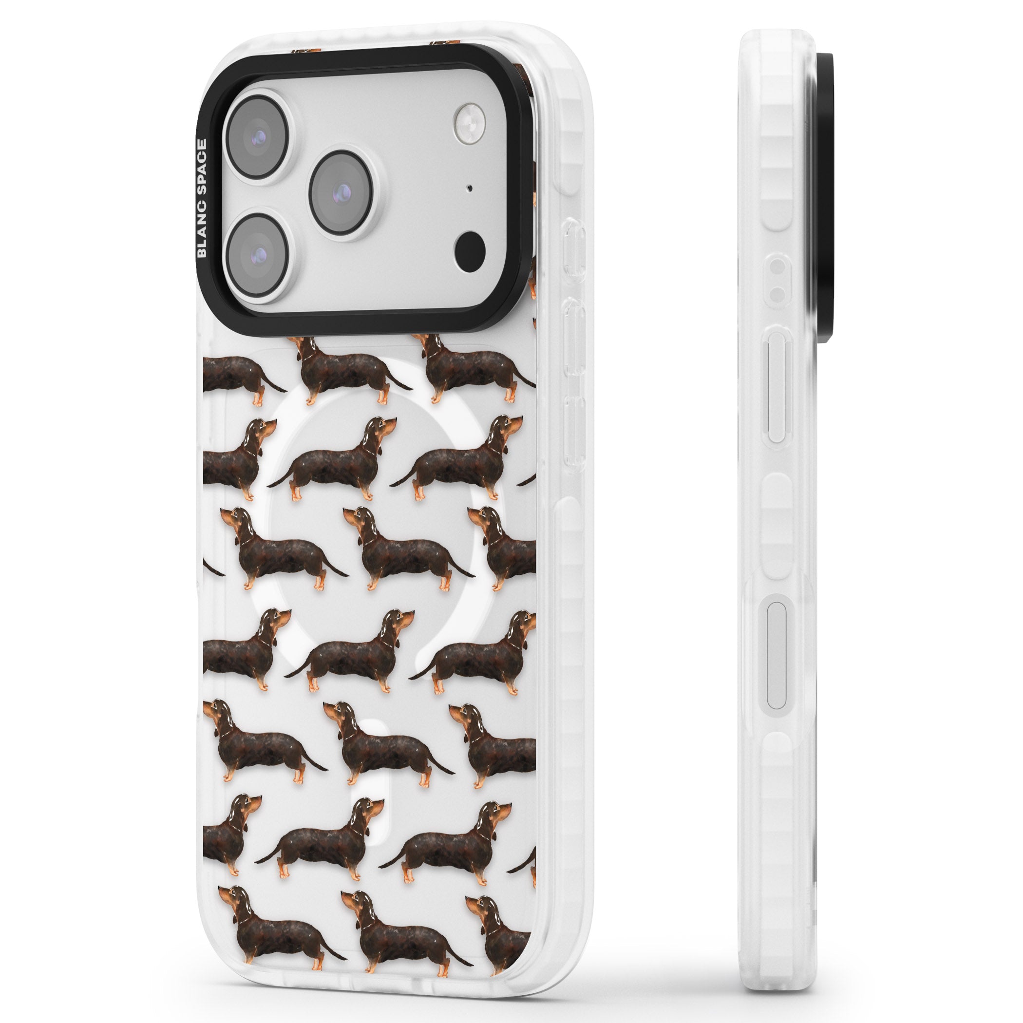Dachshund Pattern Black Tan iPhone 17 Pro Impact Pro Clear Phone Case Side Profile