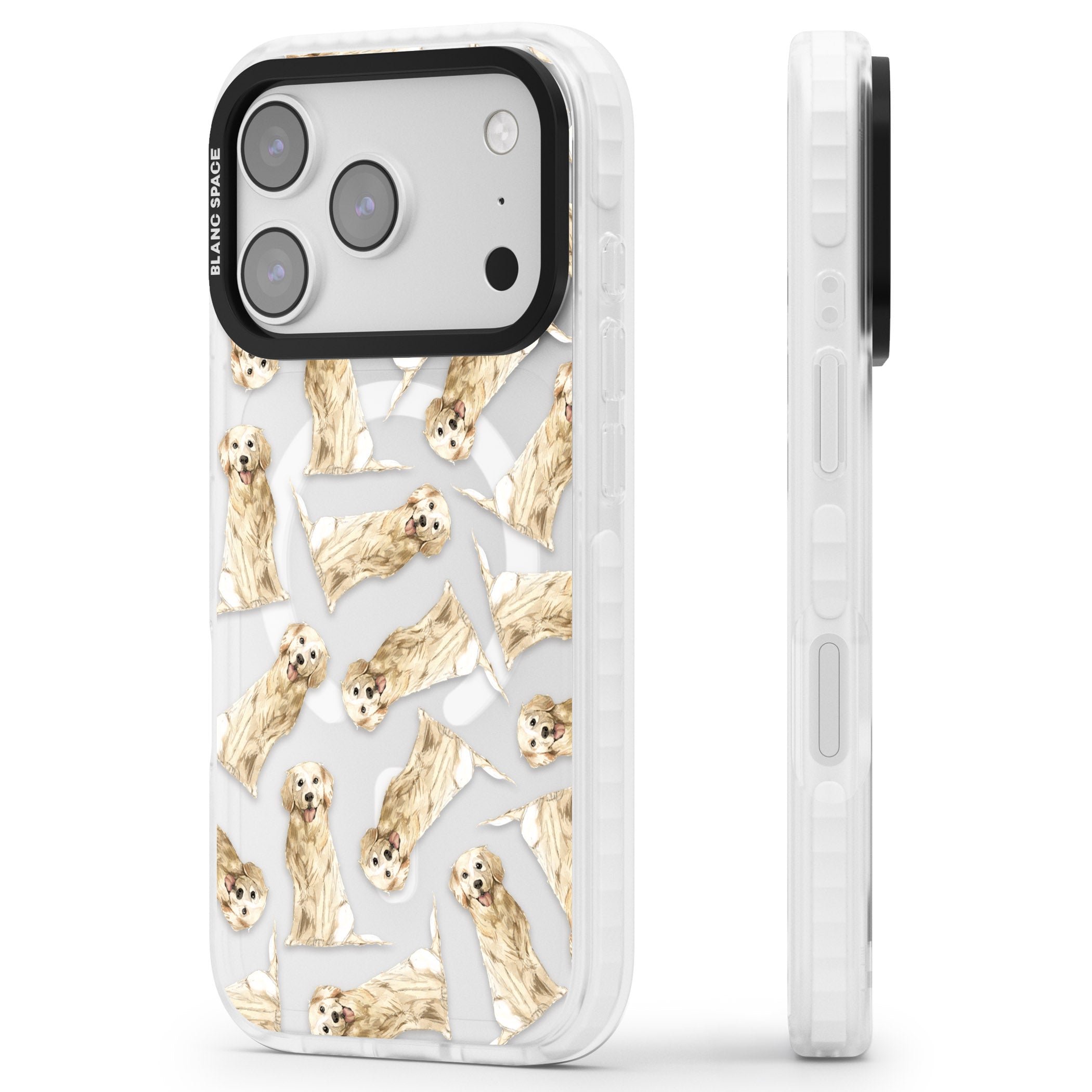 Golden Retriever Watercolor Pattern iPhone 17 Pro Impact Pro Clear Phone Case Side Profile