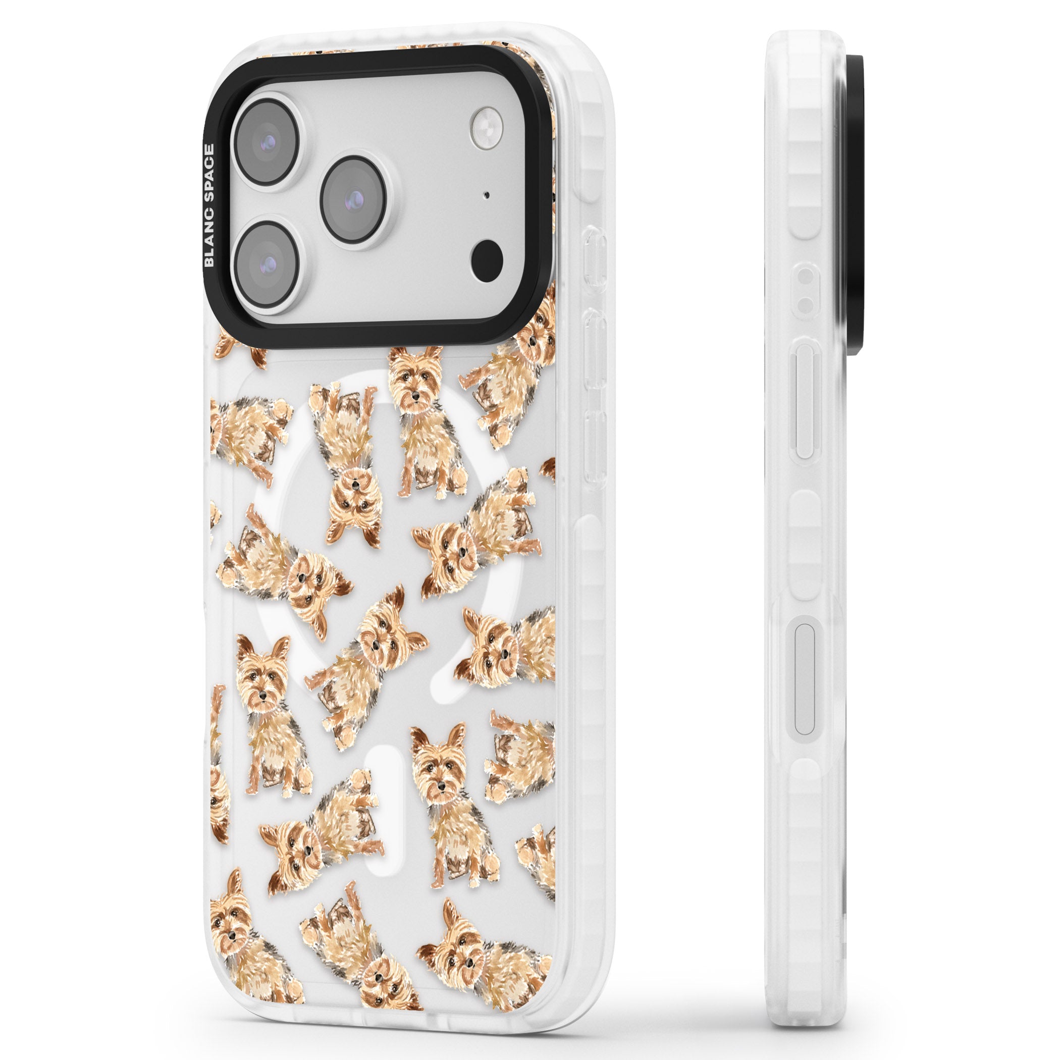 Yorkshire Terrier Dog Pattern iPhone 17 Pro Impact Pro Clear Phone Case Side Profile