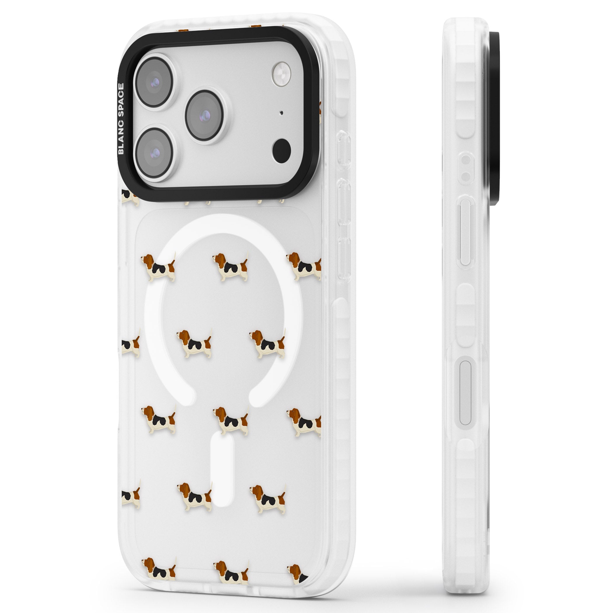 Basset Hound Pattern iPhone 17 Pro Impact Pro Clear Phone Case Side Profile