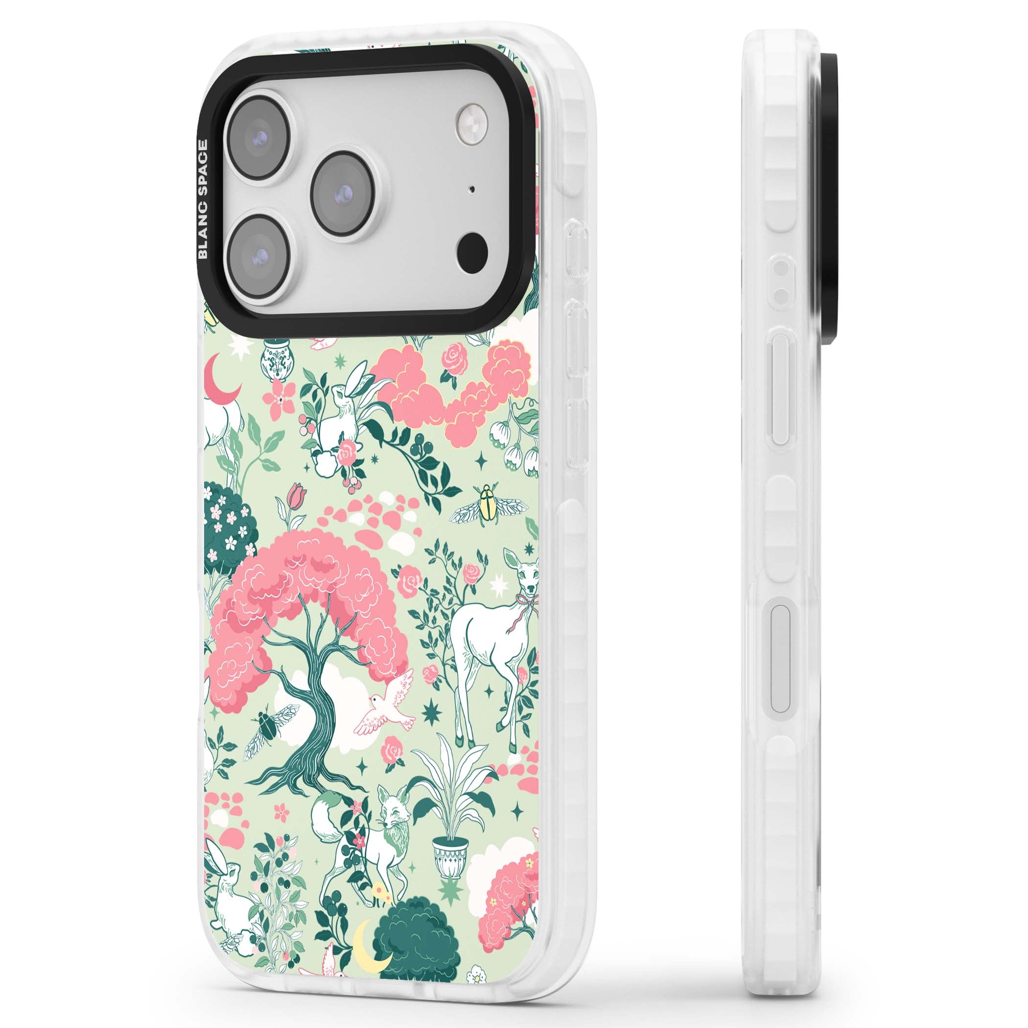 Enchanted Woodland cottagecore iPhone case featuring white deer, pink roses, mushrooms and woodland animals on sage green | Impact Magsafe case for iPhone 17 Pro, iPhone 17 Pro Max