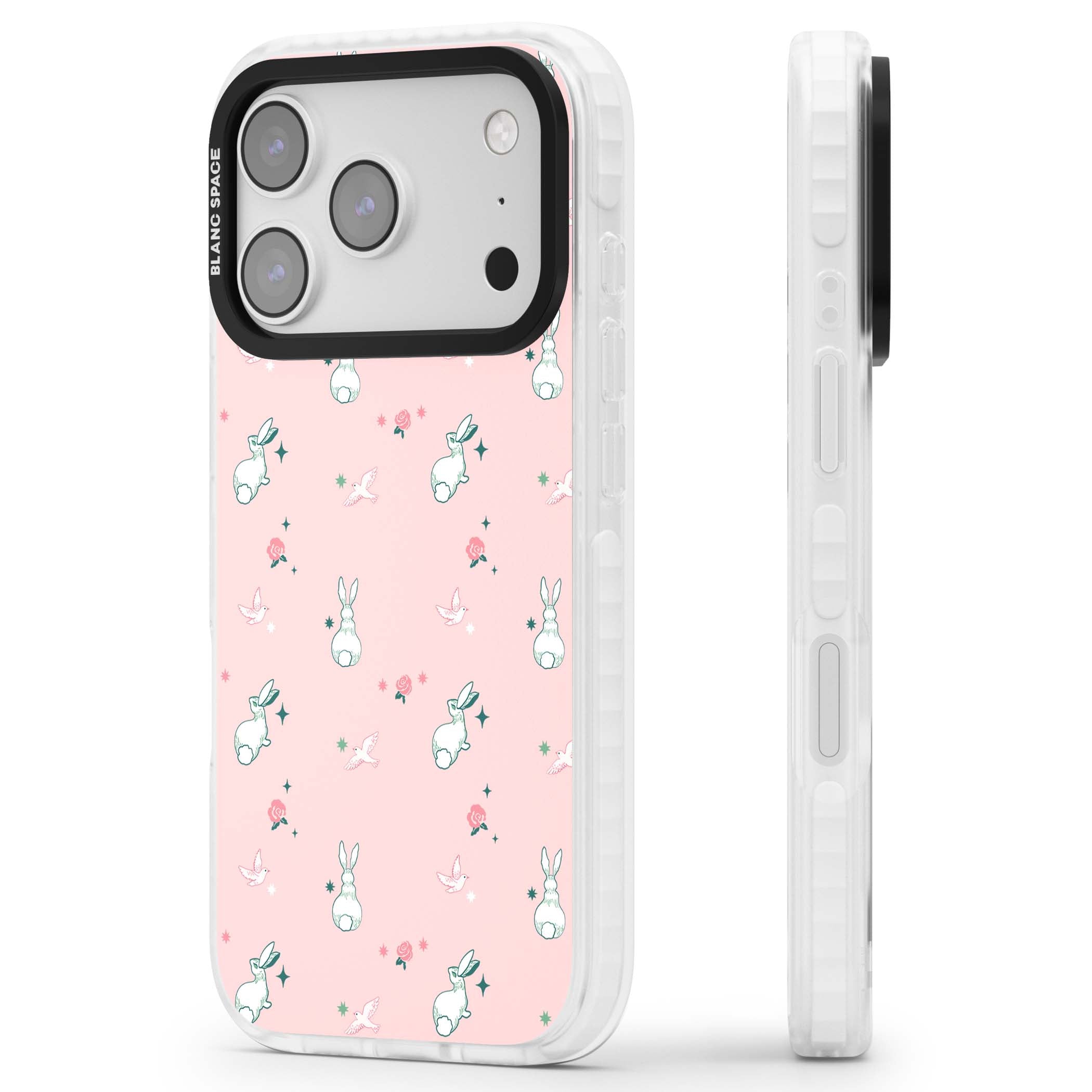 Bunny Garden kawaii iPhone case featuring white rabbits, pink roses, doves and stars on pink background | Impact Magsafe case for iPhone 17 Pro, iPhone 17 Pro Max