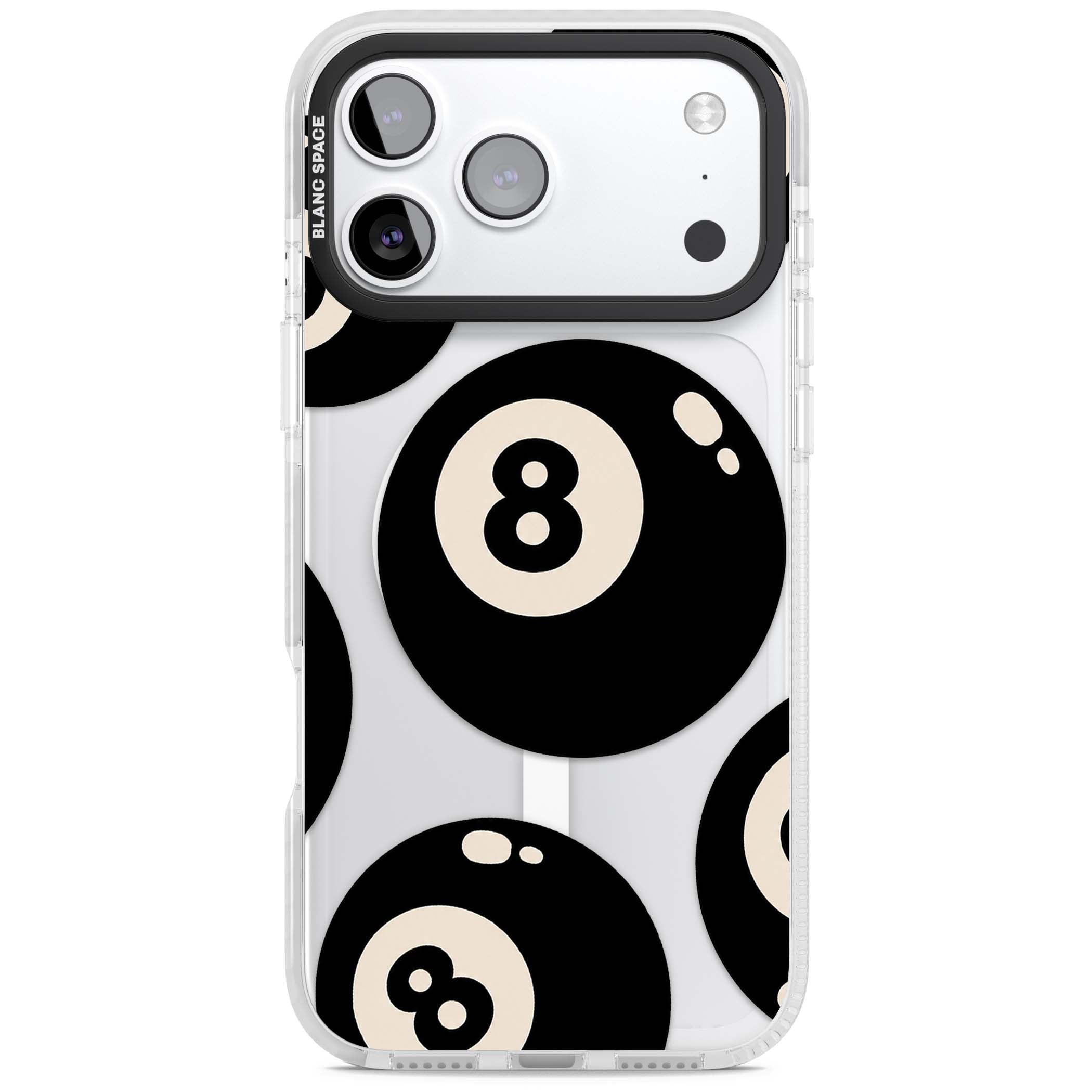 Eights y2k iPhone case featuring scattered black 8 balls with cream highlights on a clear background | Impact Magsafe case for iPhone 17 Pro, iPhone 17 Pro Max