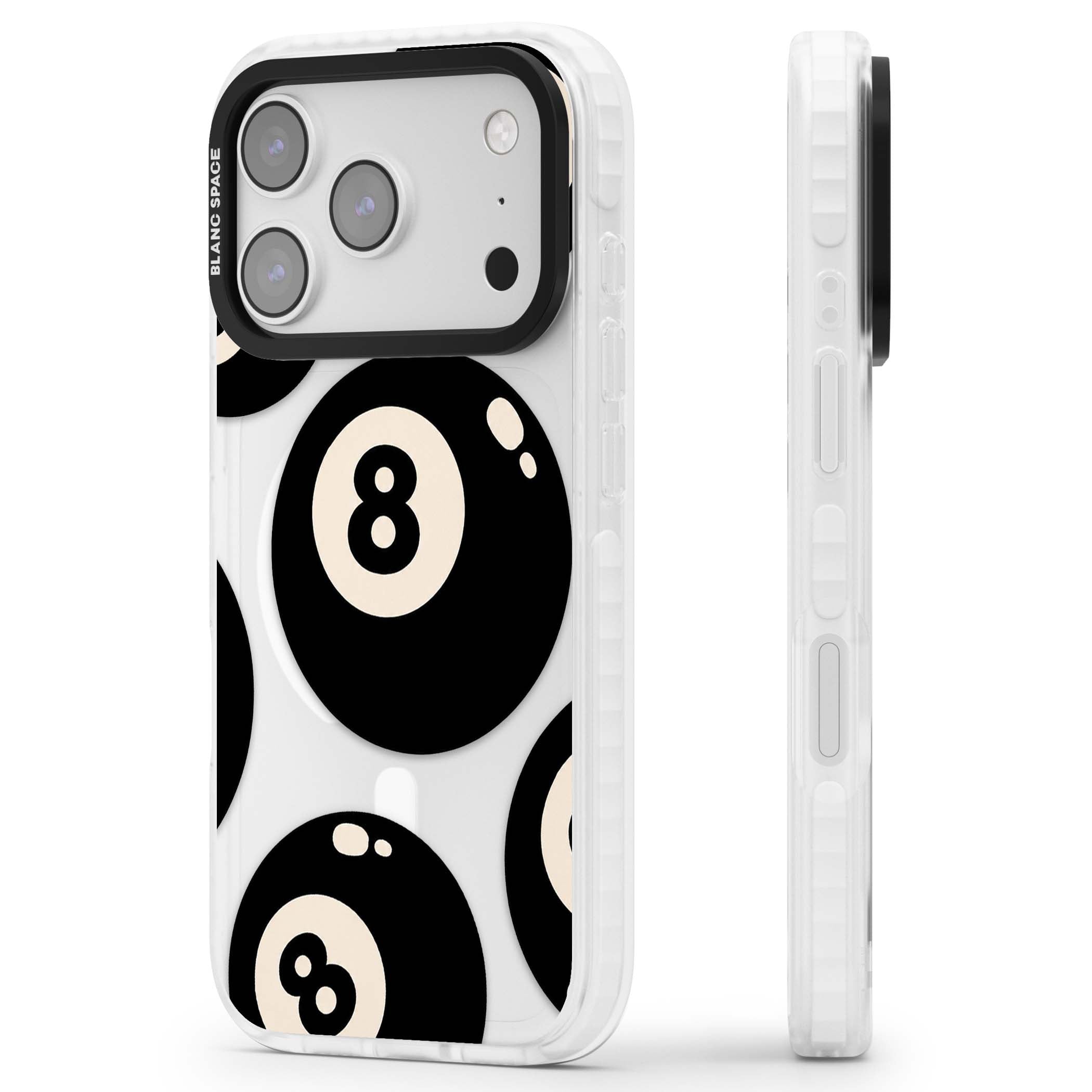 Eights y2k iPhone case featuring scattered black 8 balls with cream highlights on a clear background | Impact Magsafe case for iPhone 17 Pro, iPhone 17 Pro Max