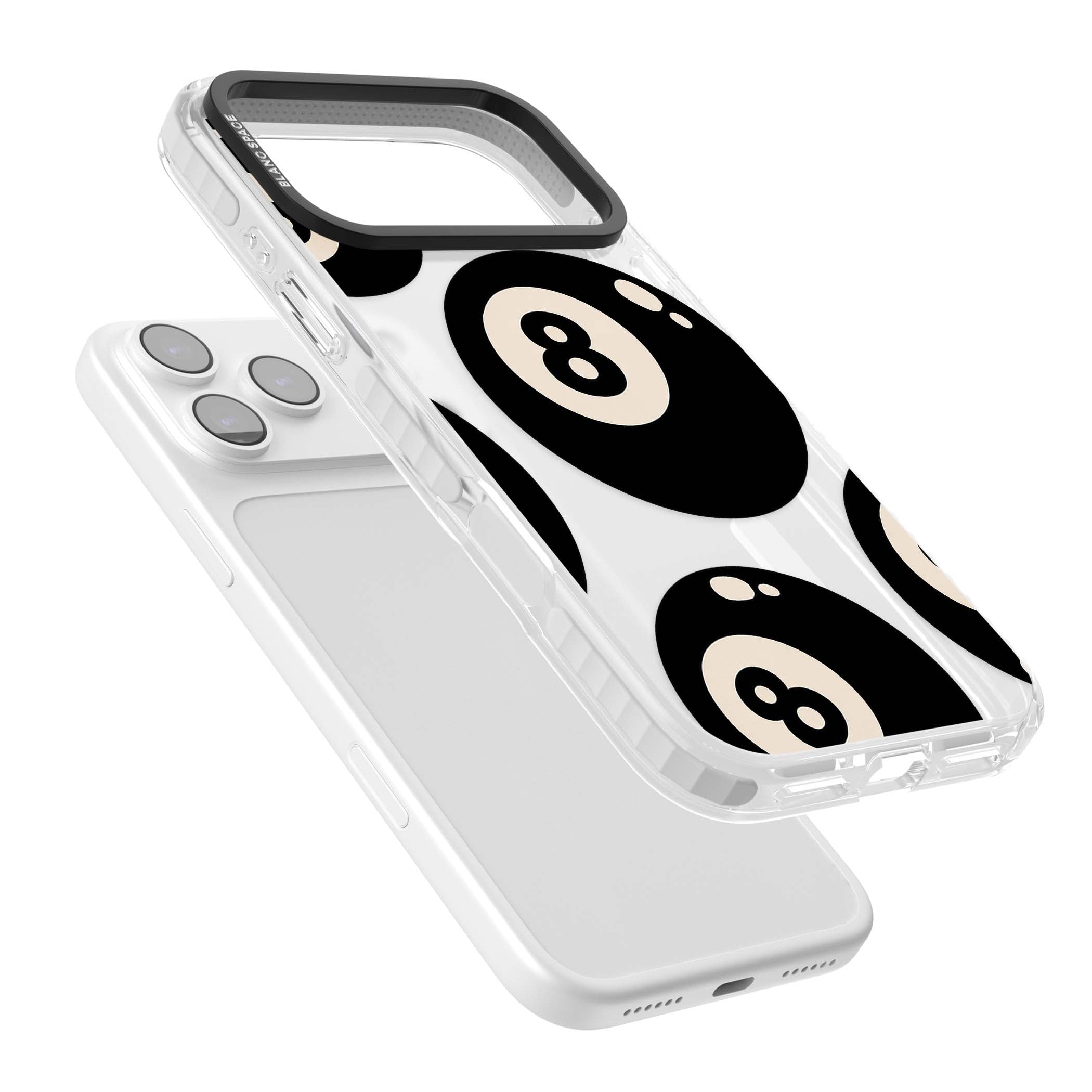 Eights y2k iPhone case featuring scattered black 8 balls with cream highlights on a clear background | Impact Magsafe case for iPhone 17 Pro, iPhone 17 Pro Max