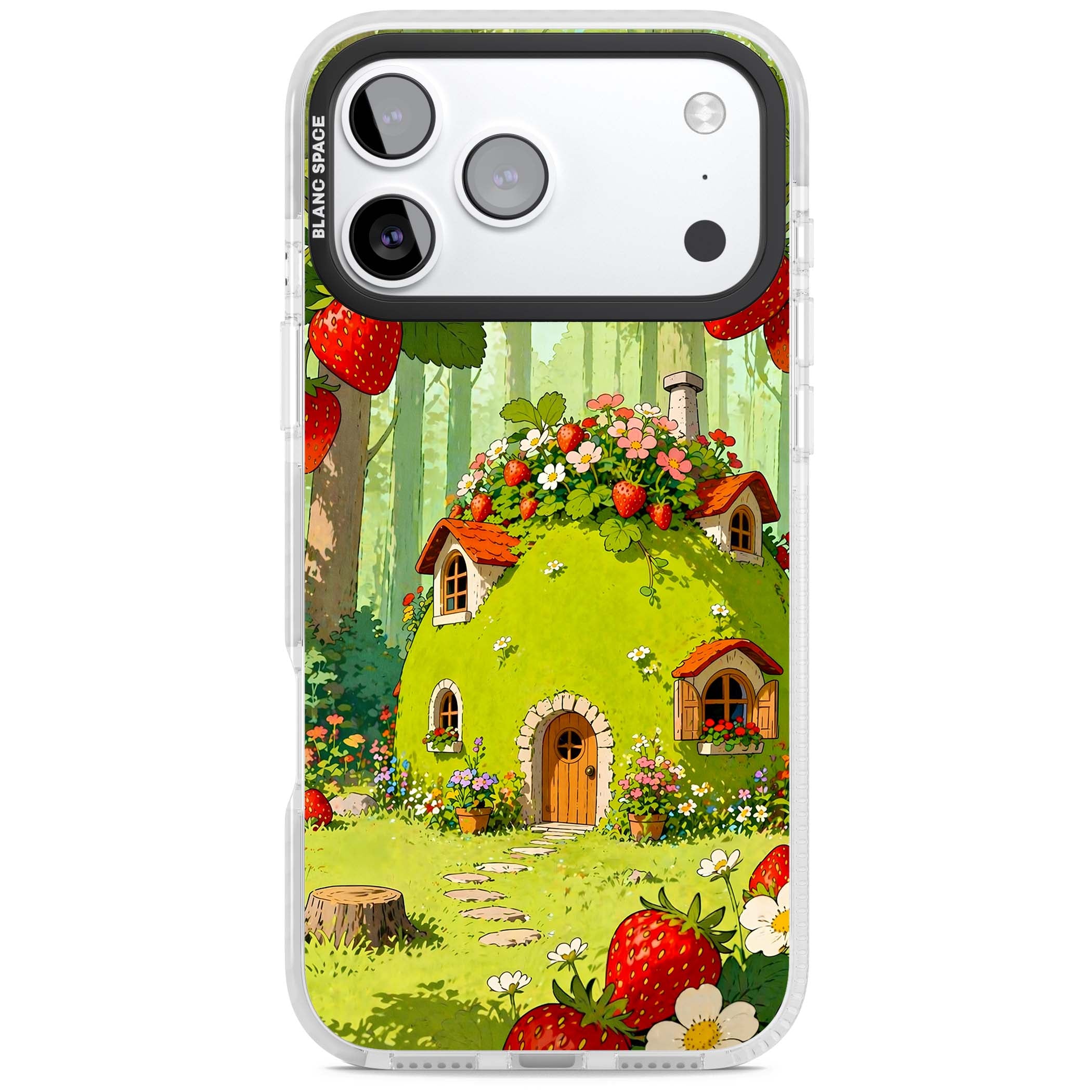 Strawberry Cottage cottagecore iPhone case featuring a green fairy house, wild strawberries and enchanted forest flowers | Impact Magsafe case for iPhone 17 Pro, iPhone 17 Pro Max