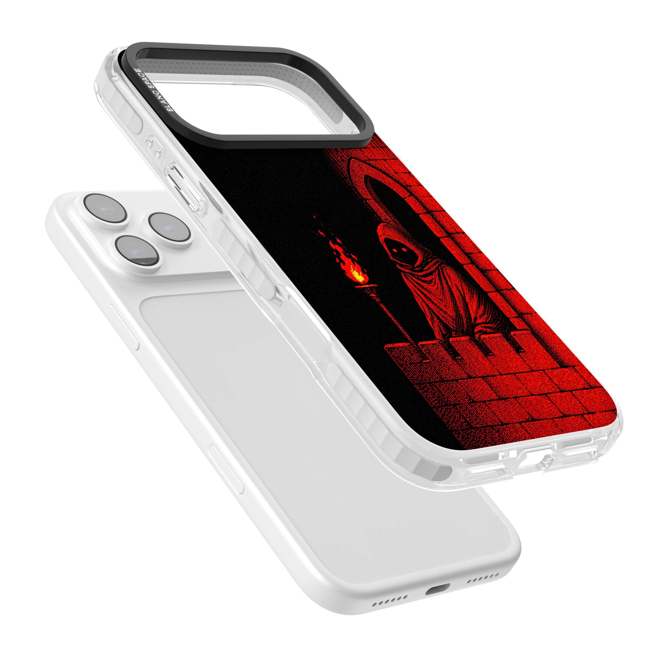 Crimson Crypt gothic iPhone case featuring a hooded reaper, torchlit crypt archway and red halftone horror art | Impact Magsafe case for iPhone 17 Pro, iPhone 17 Pro Max