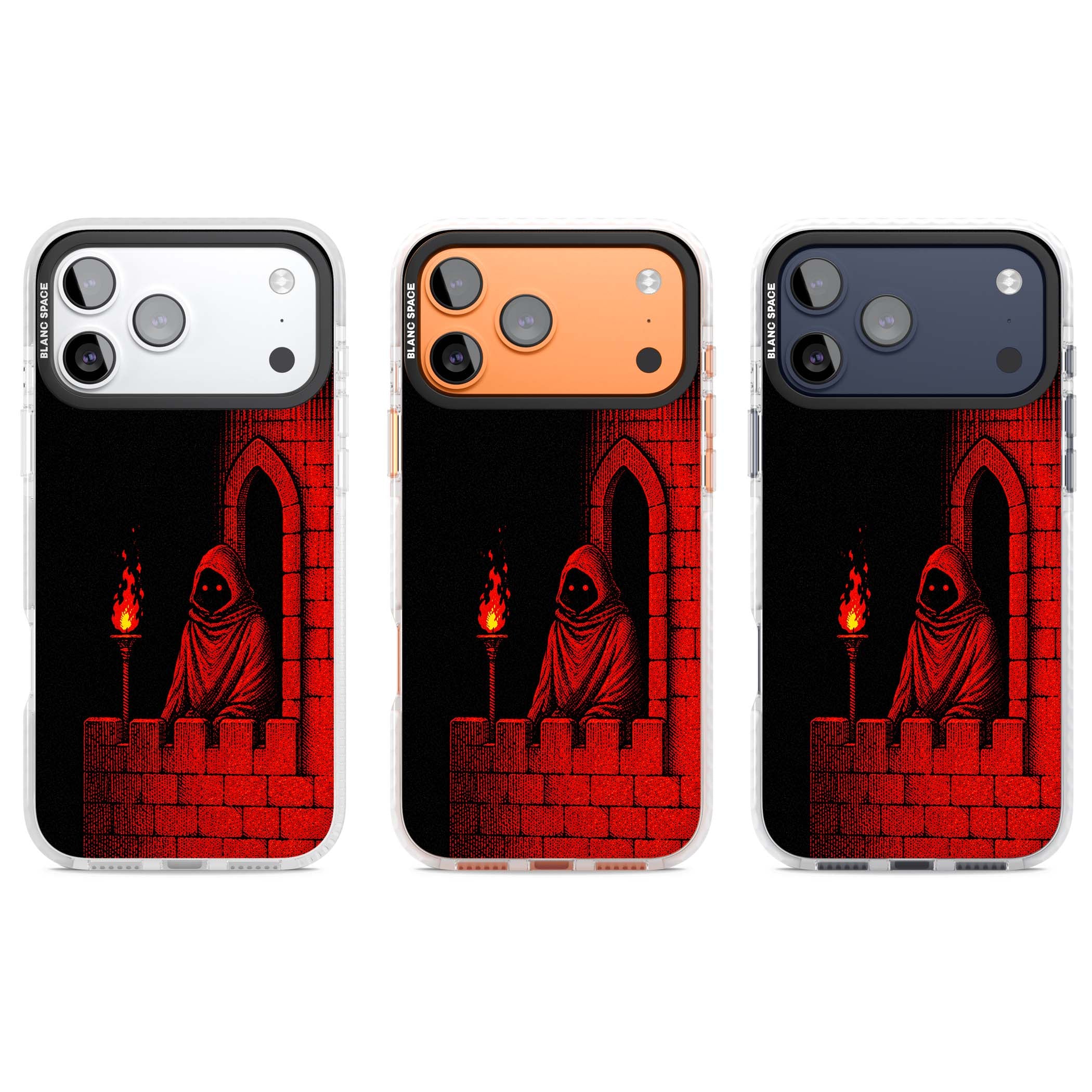 Crimson Crypt gothic iPhone case featuring a hooded reaper, torchlit crypt archway and red halftone horror art | Impact Magsafe case for iPhone 17 Pro, iPhone 17 Pro Max