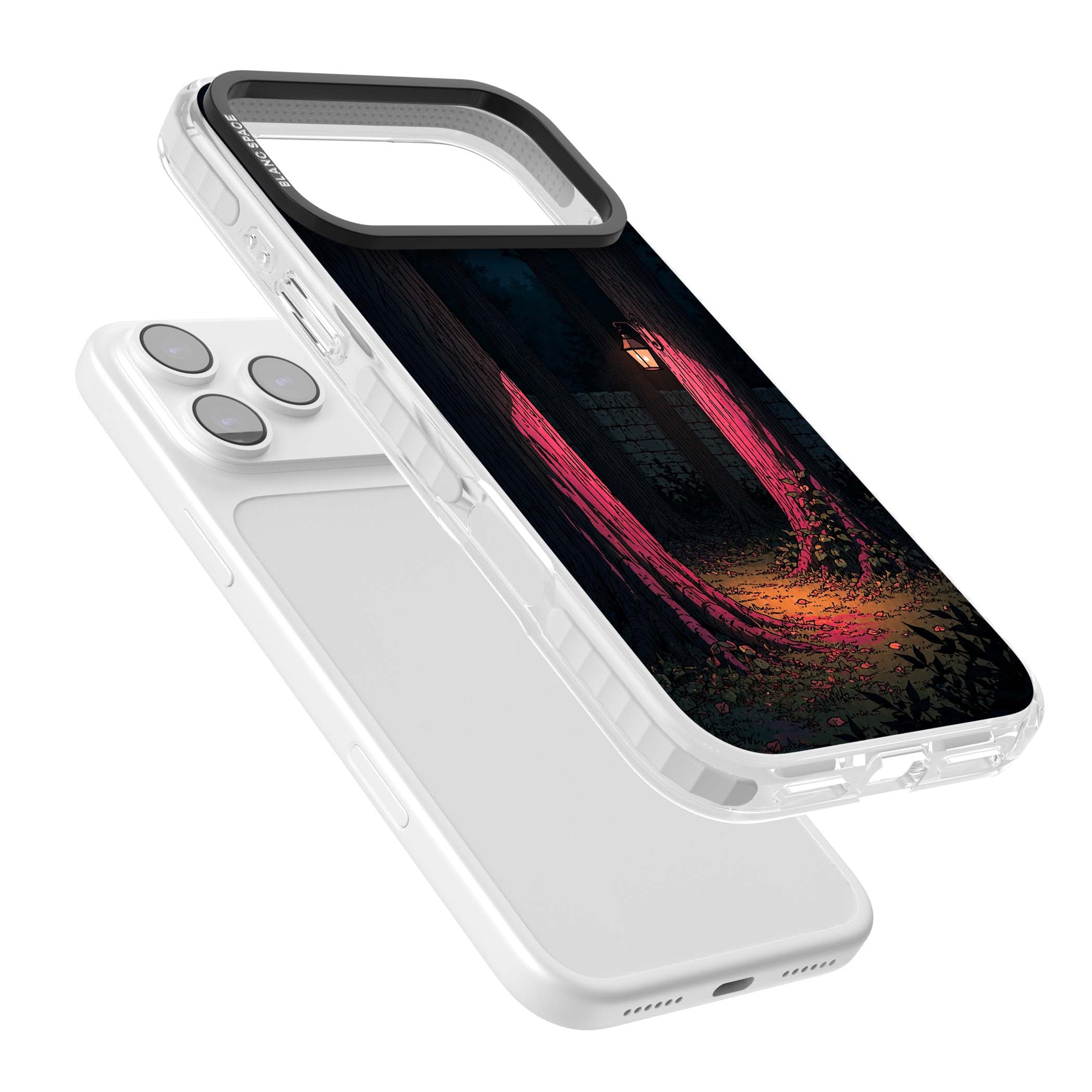 Forest Lantern dark academia iPhone case featuring a moonlit forest, glowing lantern, and stone wall pathway | Impact Magsafe case for iPhone 17 Pro, iPhone 17 Pro Max