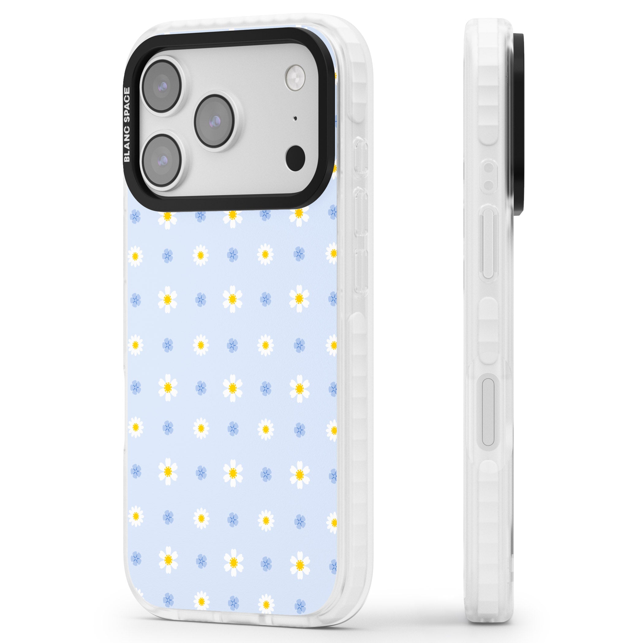 Pale Blue Daisies iPhone 17 Pro Impact Pro Clear Phone Case Side Profile
