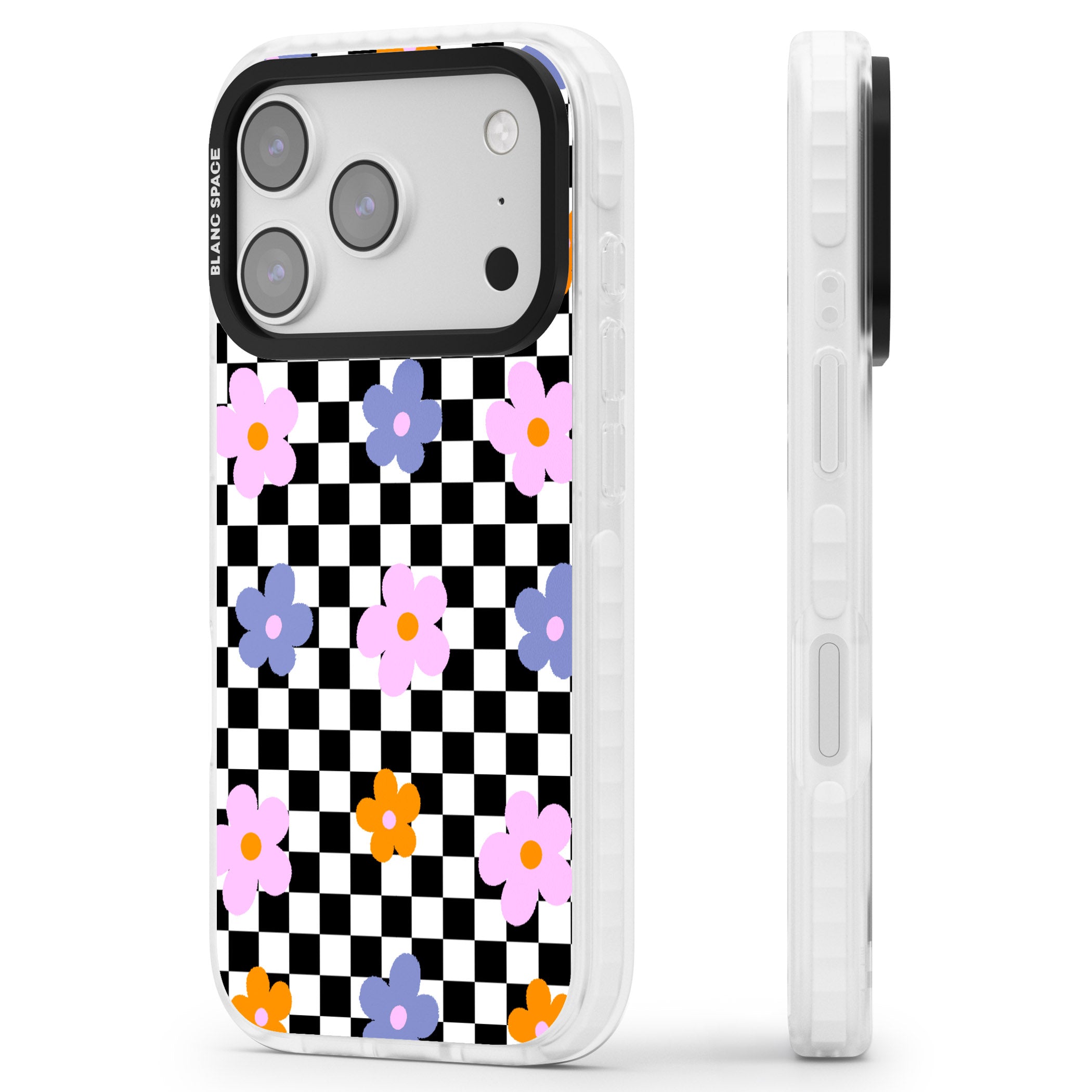 Checkered Blossom iPhone 17 Pro Impact Pro Clear Phone Case Side Profile