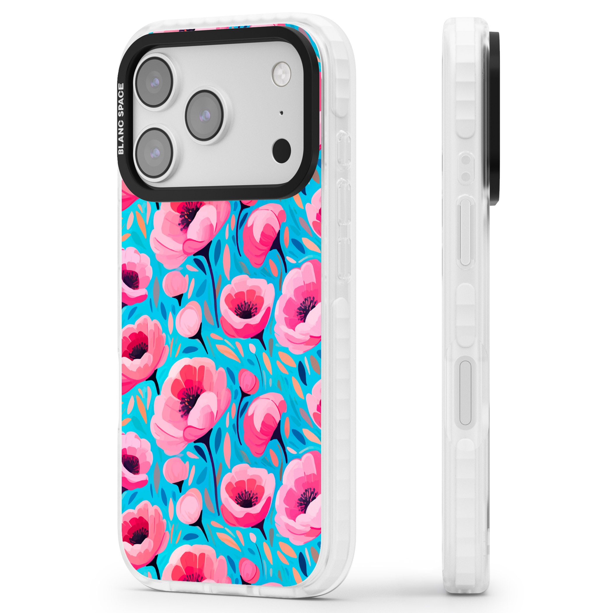 Tropical Pink Poppies iPhone 17 Pro Max Impact Pro Clear Phone Case Side Profile