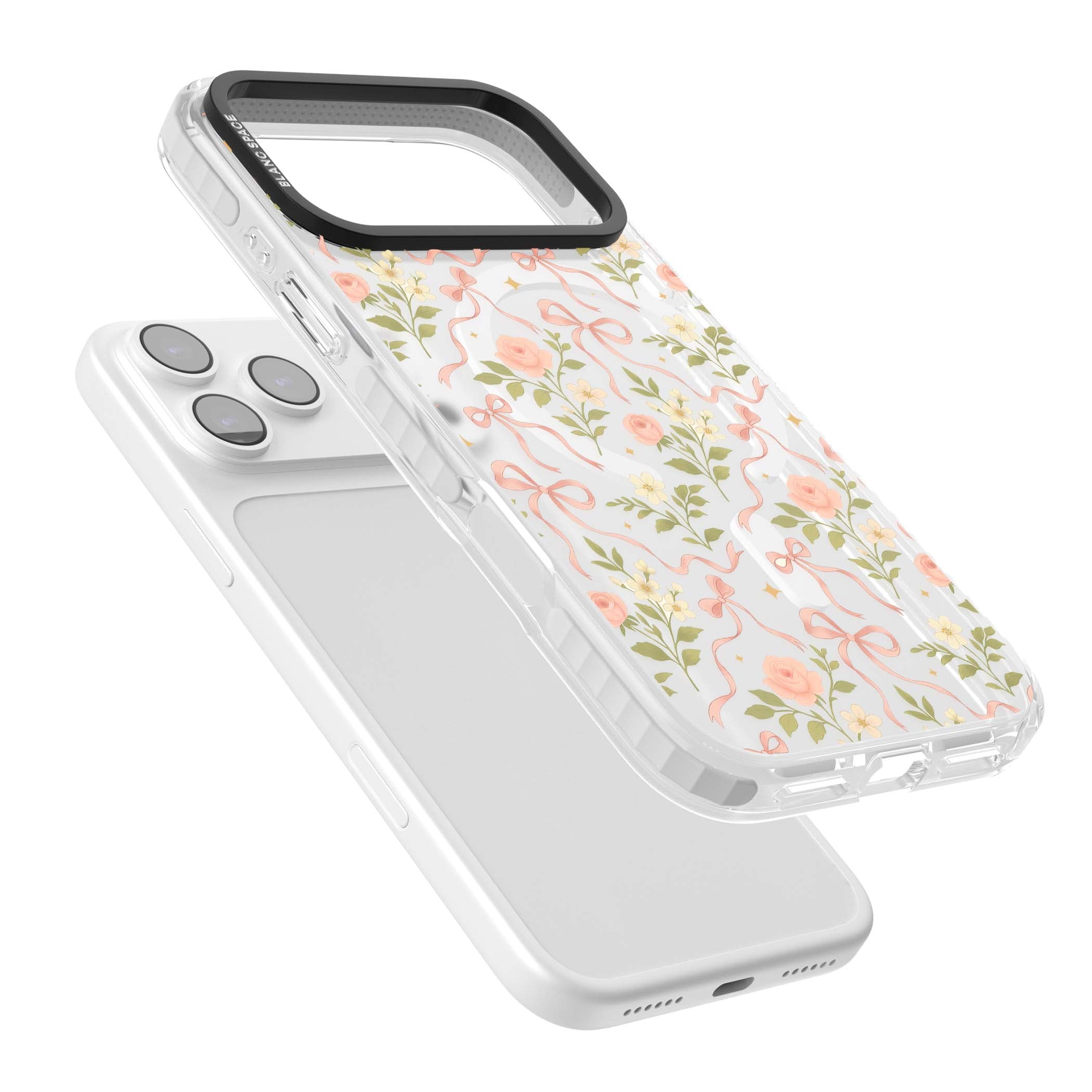 Ribbon Garden coquette iPhone case featuring pink bows, peach roses and wildflowers on white background | Impact Magsafe case for iPhone 17 Pro, iPhone 17 Pro Max