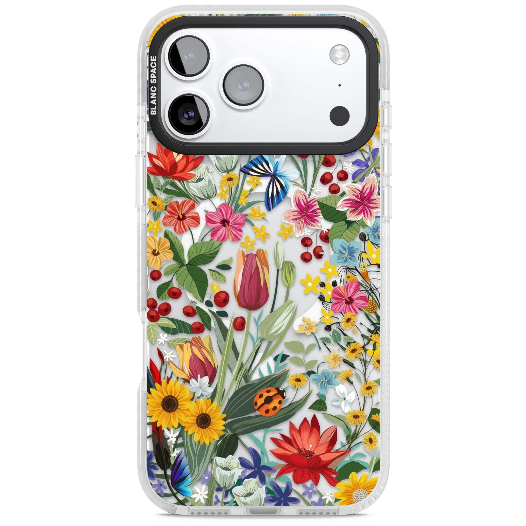 Botanical Bloom cottagecore iPhone case featuring colorful wildflowers, sunflowers, and ladybugs on clear background | Impact Magsafe case for iPhone 17 Pro, iPhone 17 Pro Max