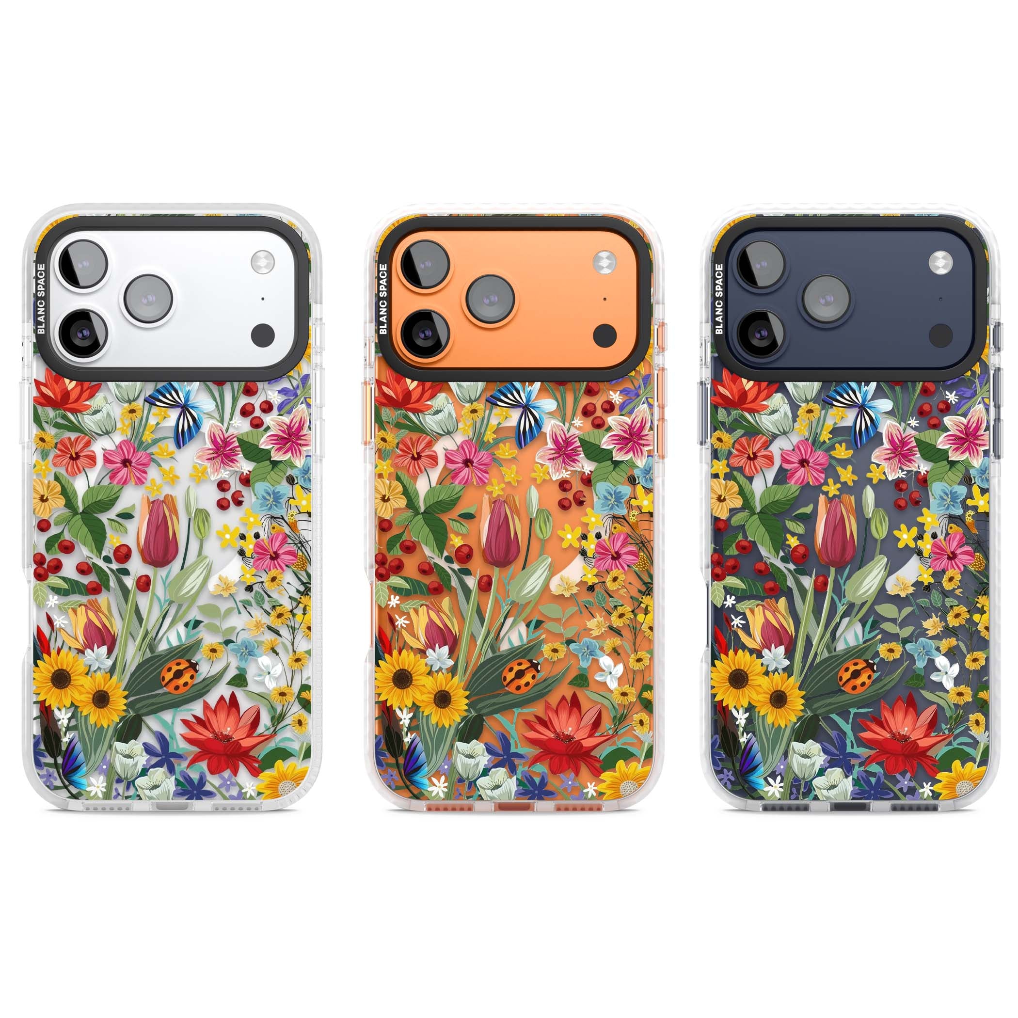 Botanical Bloom cottagecore iPhone case featuring colorful wildflowers, sunflowers, and ladybugs on clear background | Impact Magsafe case for iPhone 17 Pro, iPhone 17 Pro Max