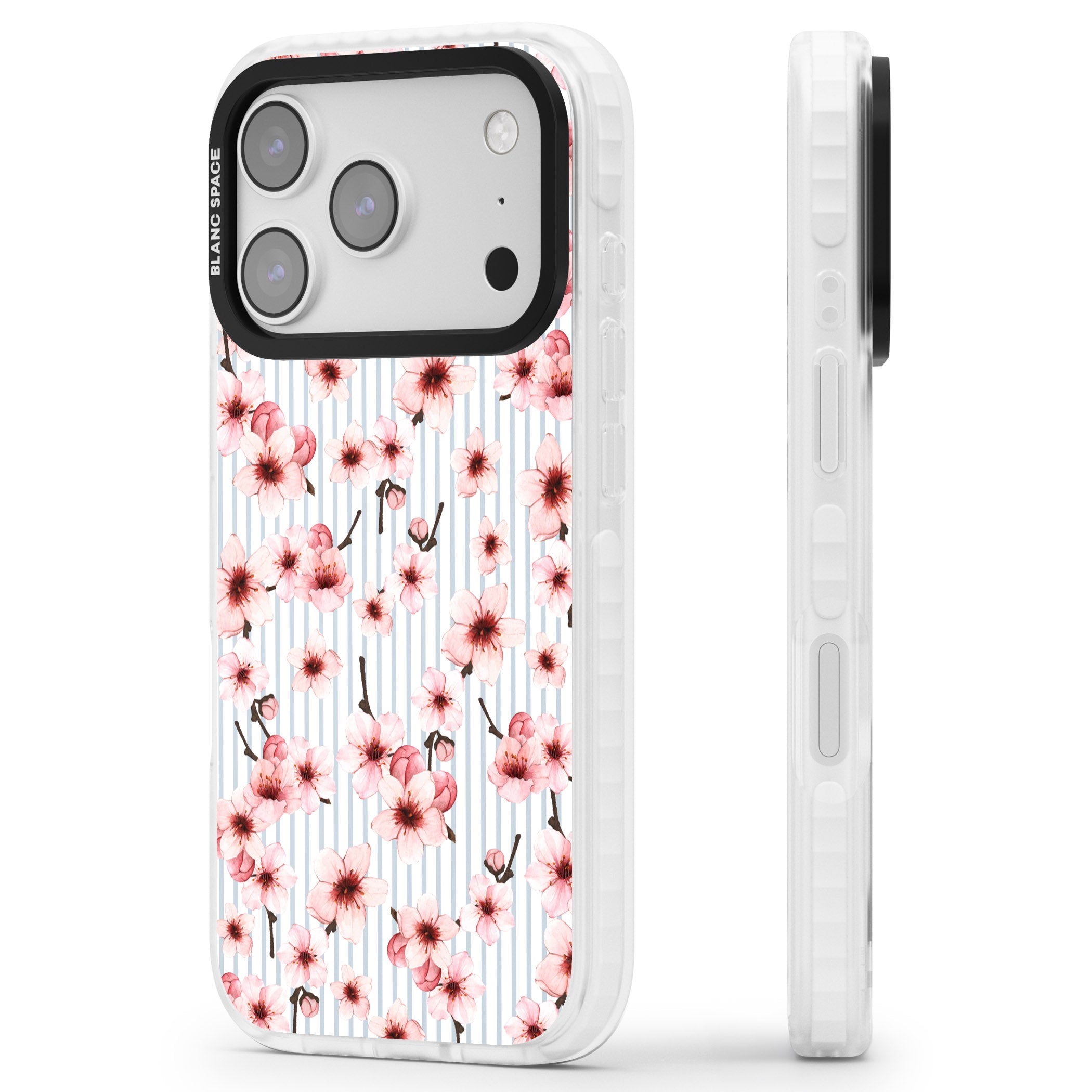 Cherry Blossoms Striped iPhone 17 Pro Impact Pro Clear Phone Case Side Profile
