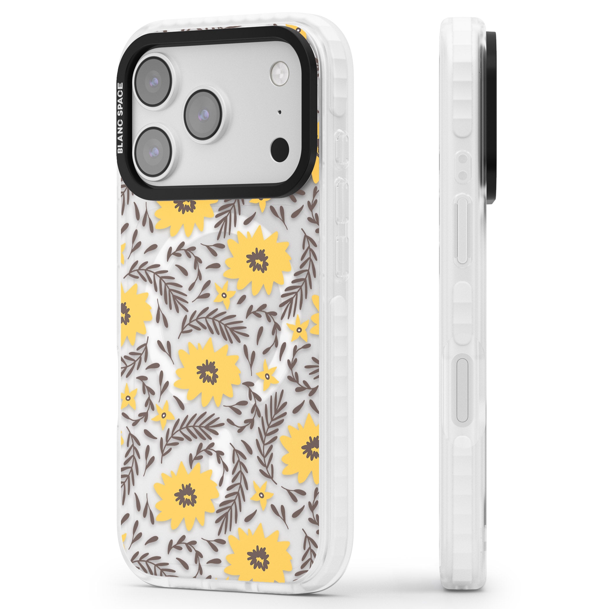 Yellow Blossoms Floral iPhone 17 Pro Max Impact Pro Clear Phone Case Side Profile