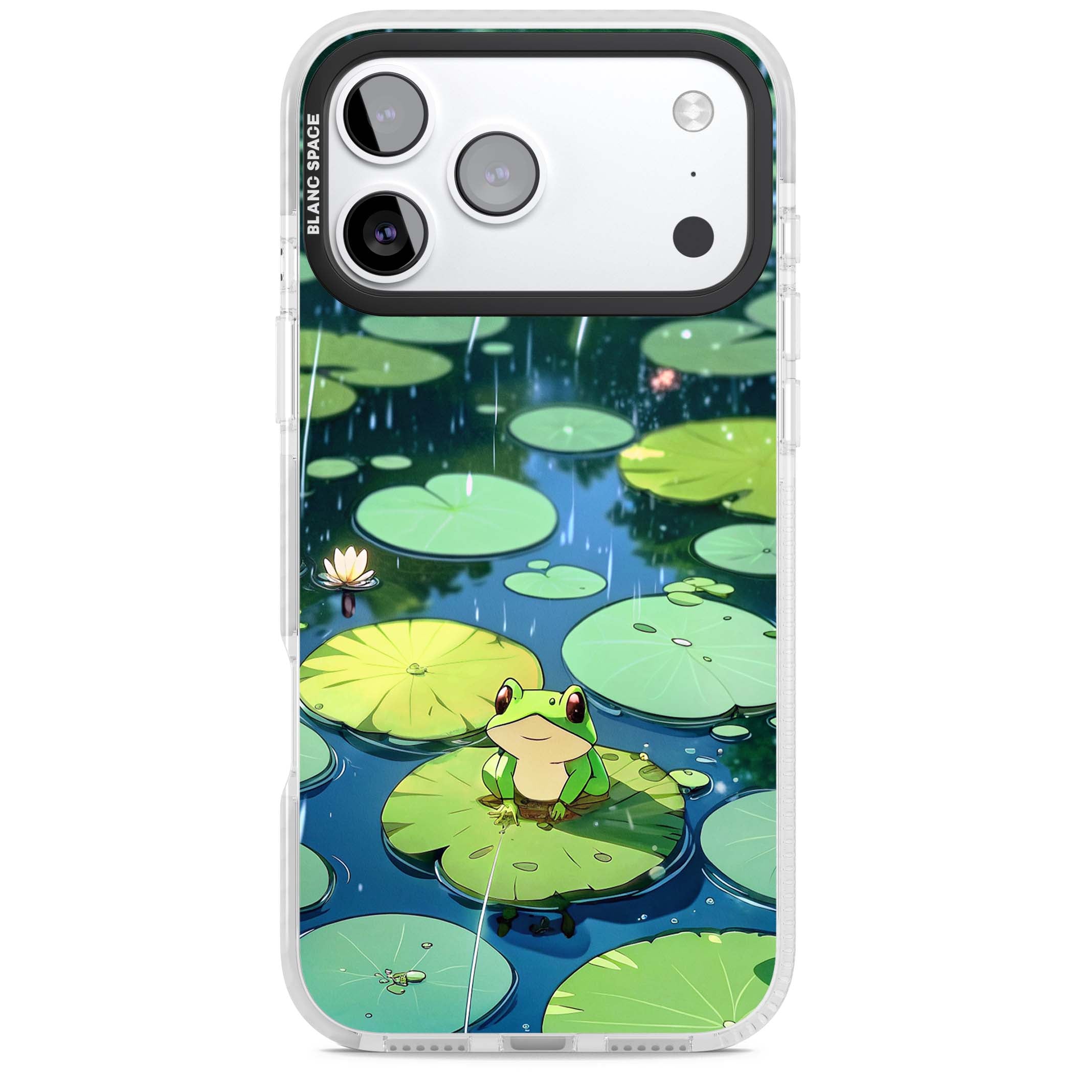 Frog In Lily Pond cottagecore iPhone case featuring a cute green frog on a lily pad with falling rain and a lotus flower | Impact Magsafe case for iPhone 17 Pro, iPhone 17 Pro Max