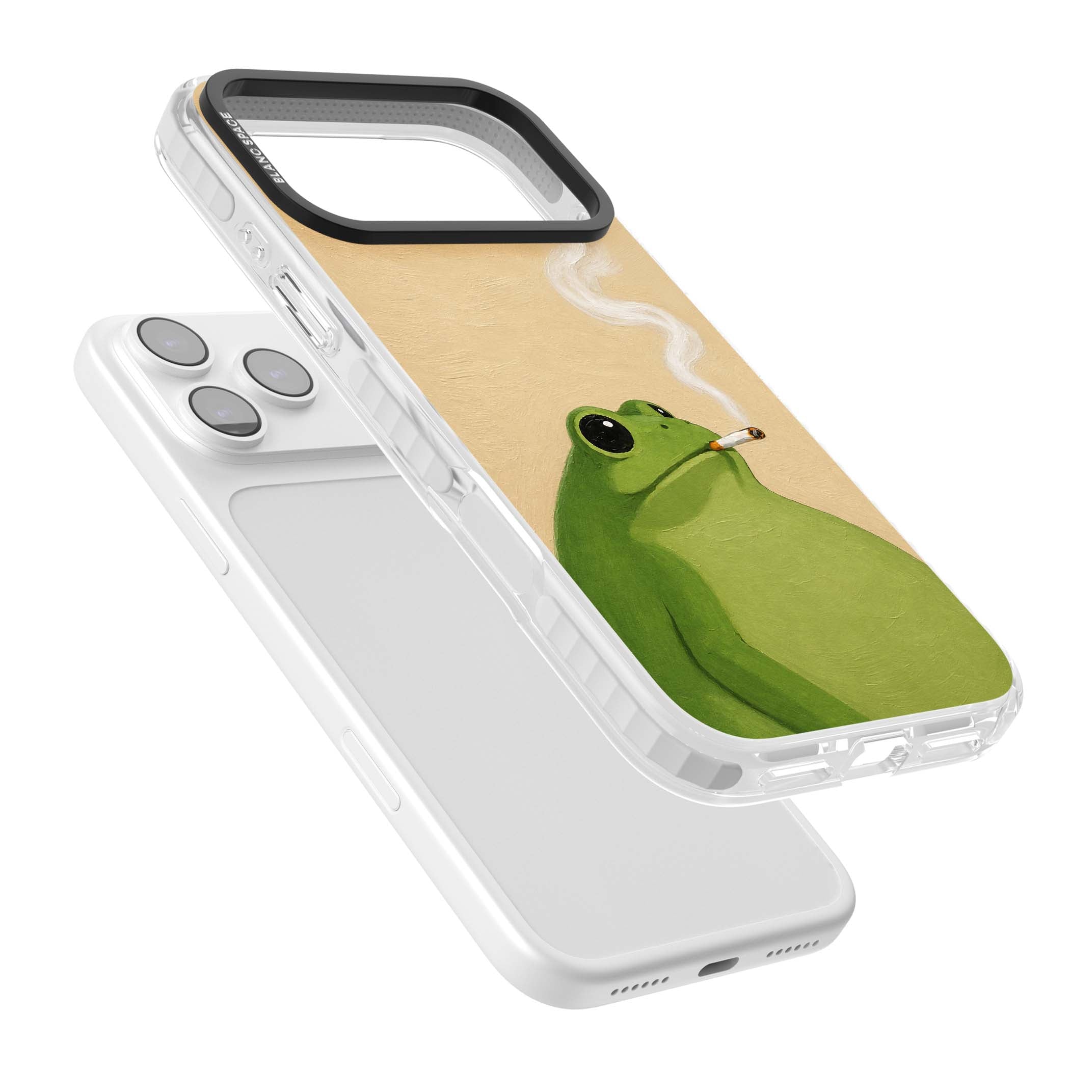 The Smoking Frog cottagecore iPhone case featuring a hand-painted green frog smoking a cigarette on a cream oil painting back | Impact Magsafe case for iPhone 17 Pro, iPhone 17 Pro Max