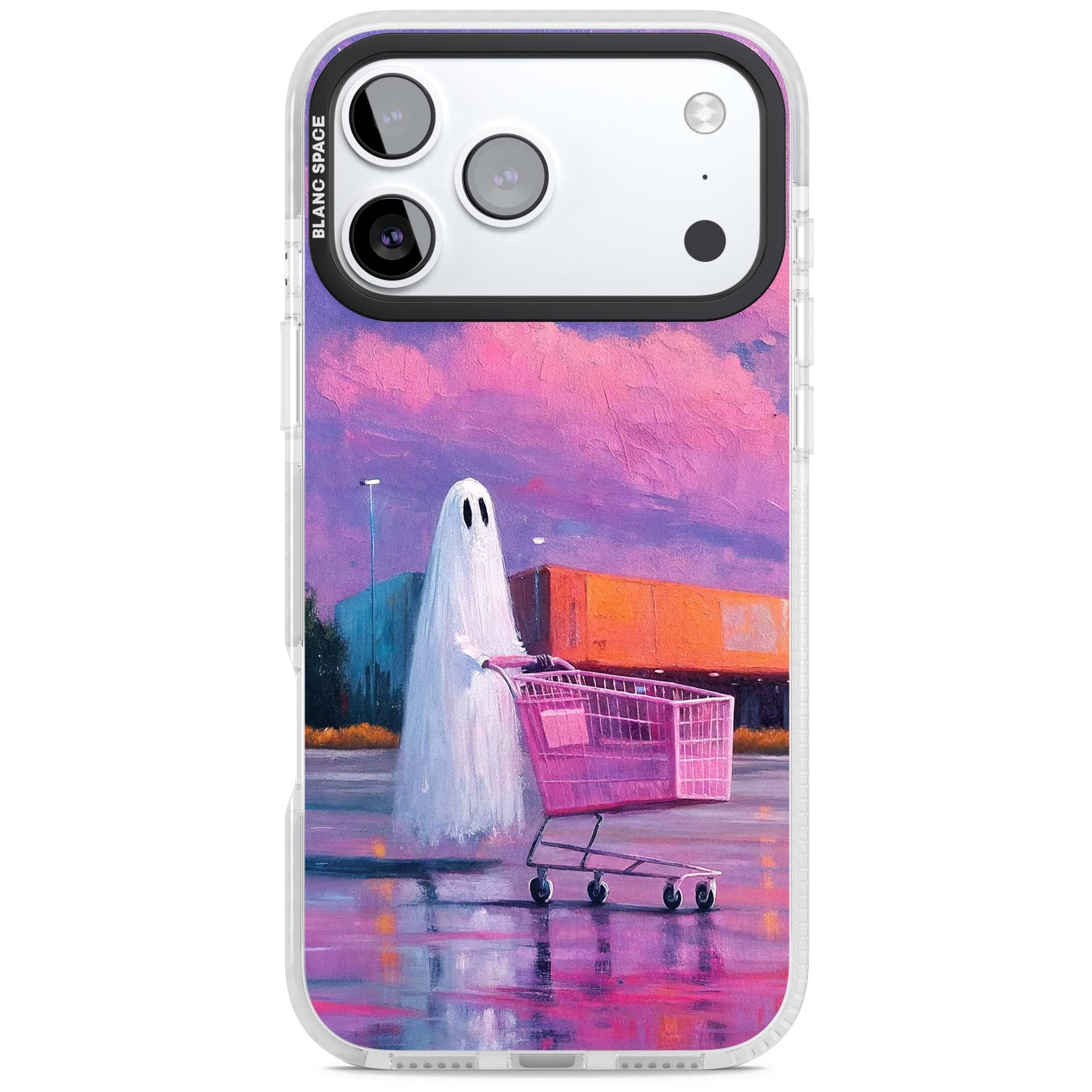A Ghost's Errand ghost halloween iPhone case featuring a painted ghost, pink shopping trolley and purple sunset sky | Impact Magsafe case for iPhone 17 Pro, iPhone 17 Pro Max