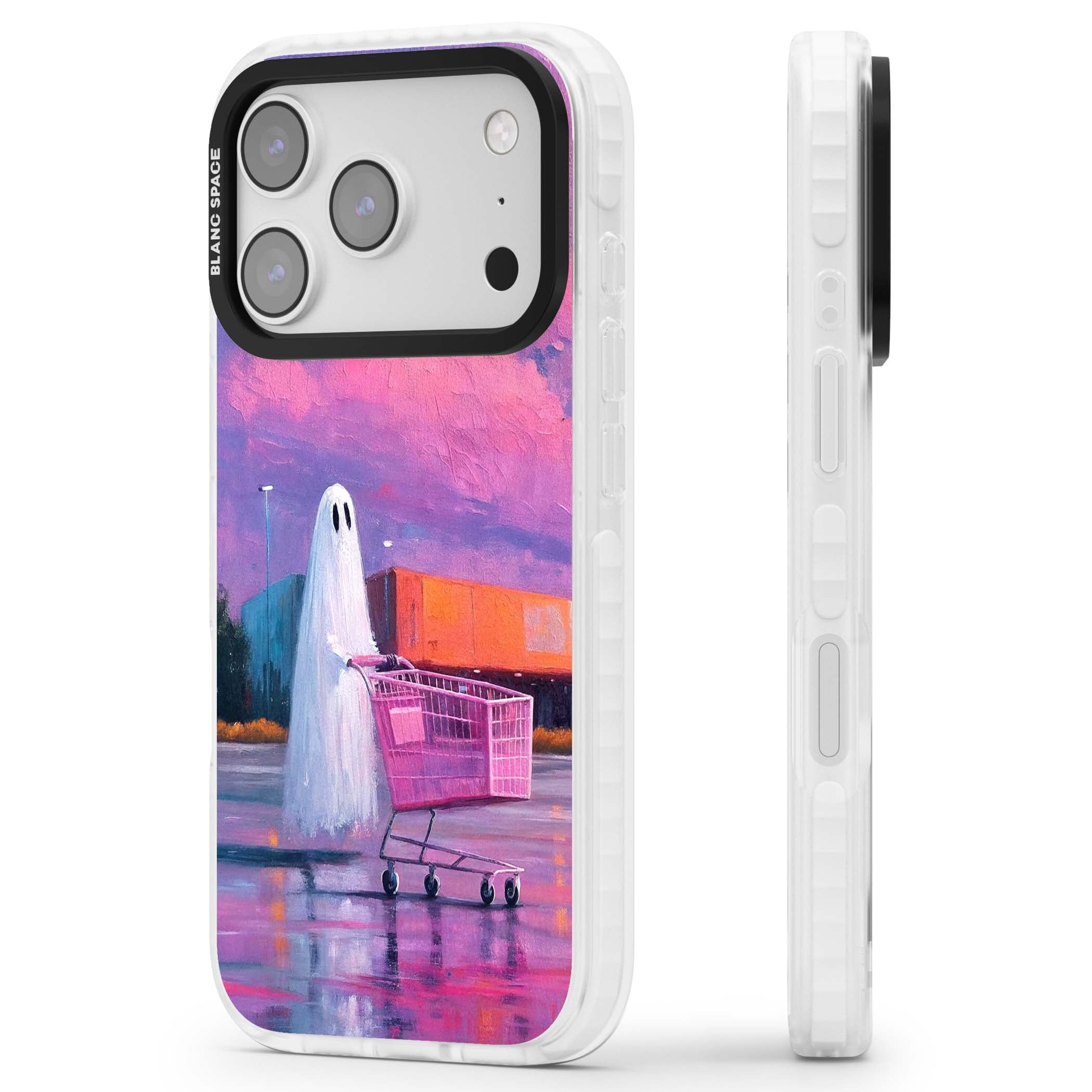A Ghost's Errand ghost halloween iPhone case featuring a painted ghost, pink shopping trolley and purple sunset sky | Impact Magsafe case for iPhone 17 Pro, iPhone 17 Pro Max