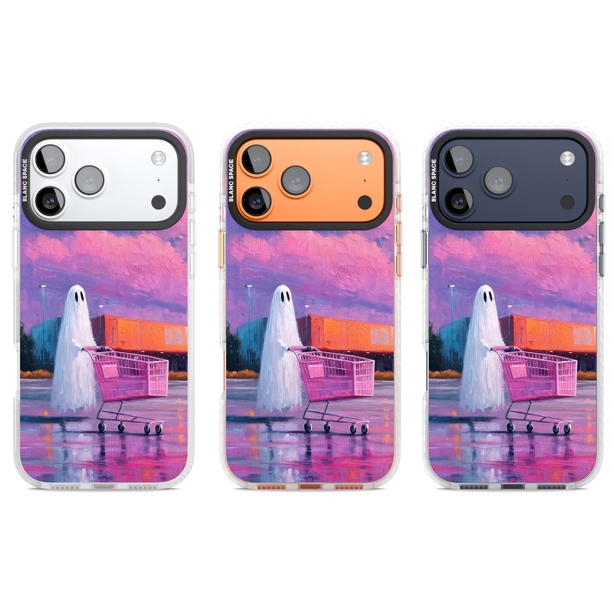 A Ghost's Errand ghost halloween iPhone case featuring a painted ghost, pink shopping trolley and purple sunset sky | Impact Magsafe case for iPhone 17 Pro, iPhone 17 Pro Max