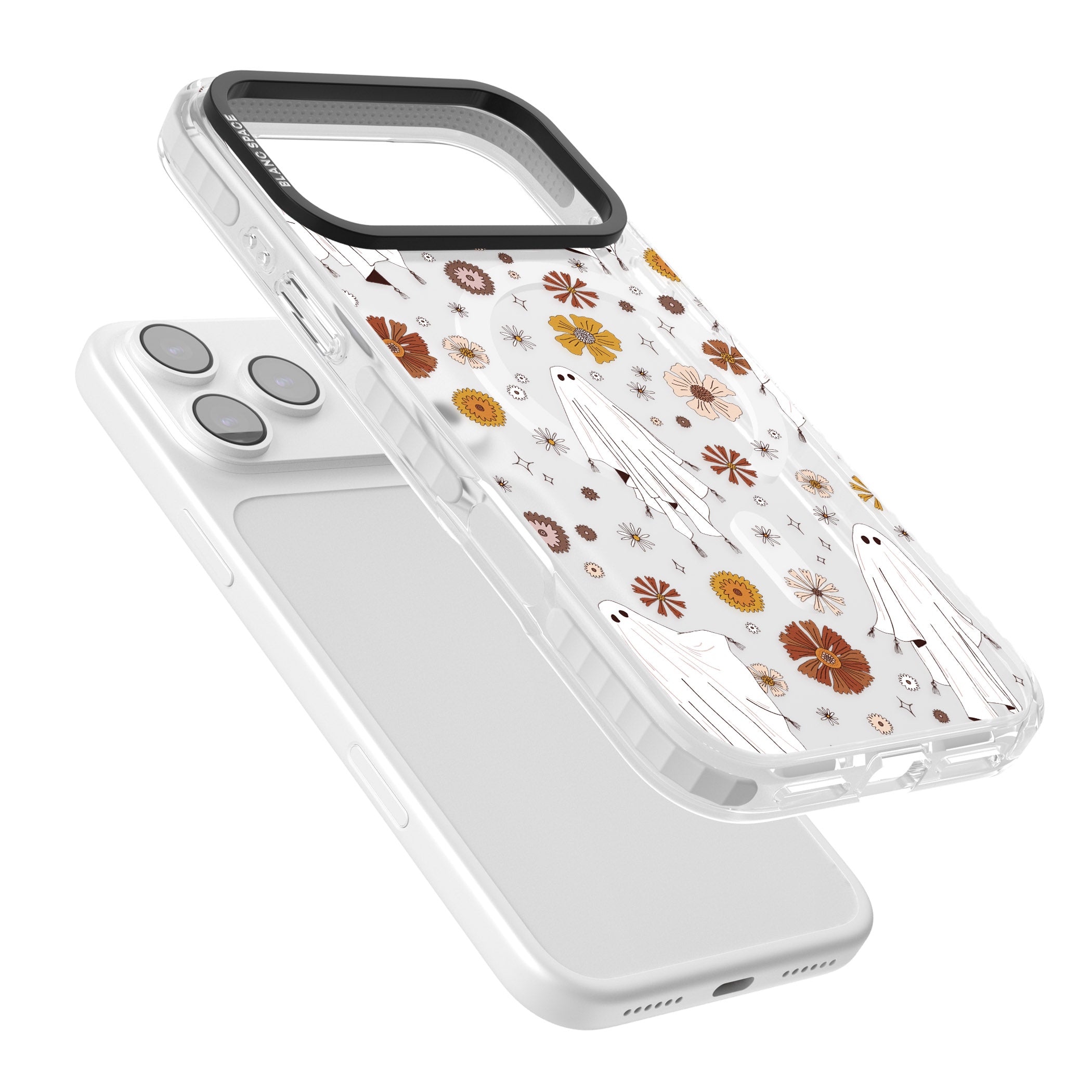Halloween Ghosts And Flowers iPhone 17 Pro Impact Pro Clear Phone Case Colours