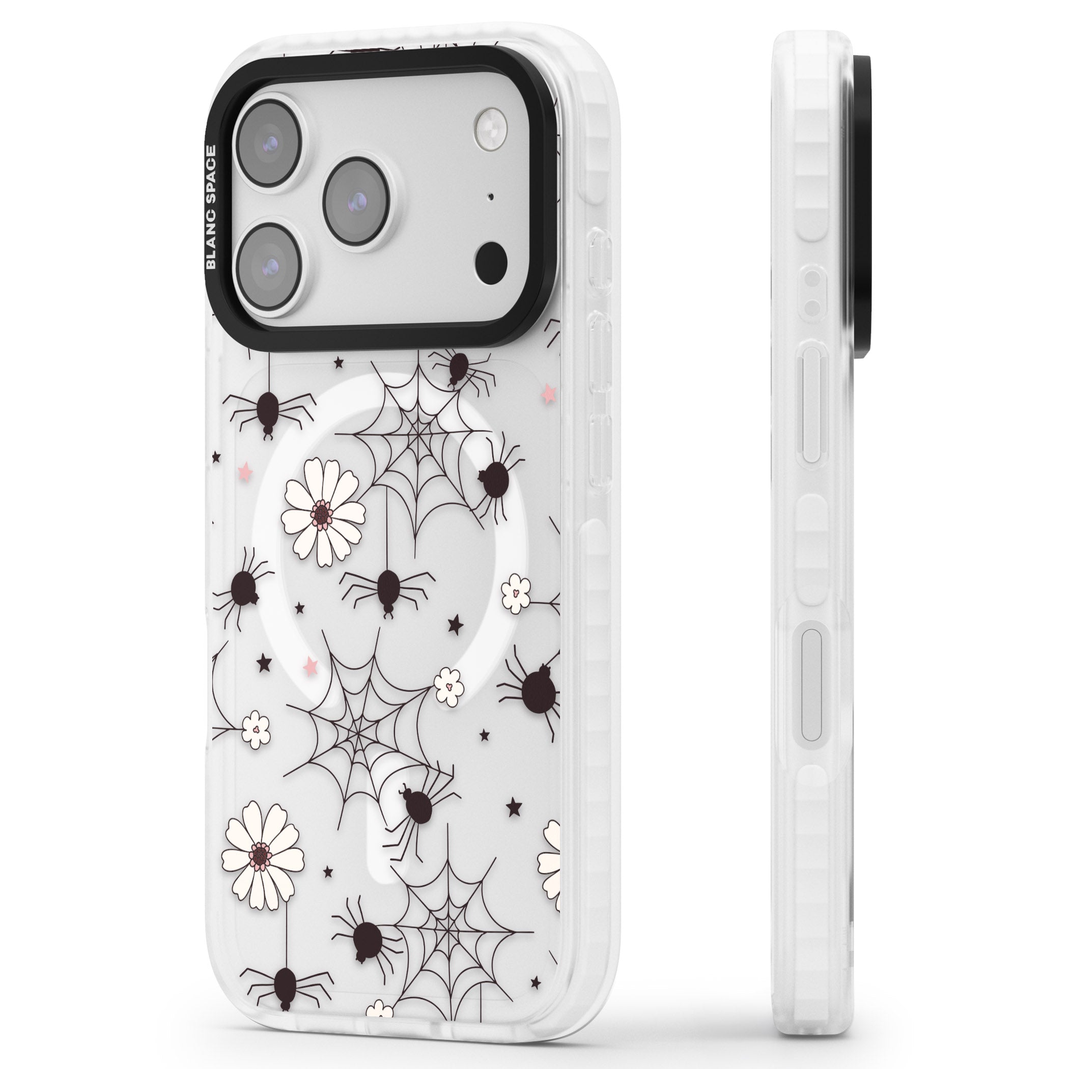 Spiders And Flowers Pattern iPhone 17 Pro Impact Pro Clear Phone Case Side Profile