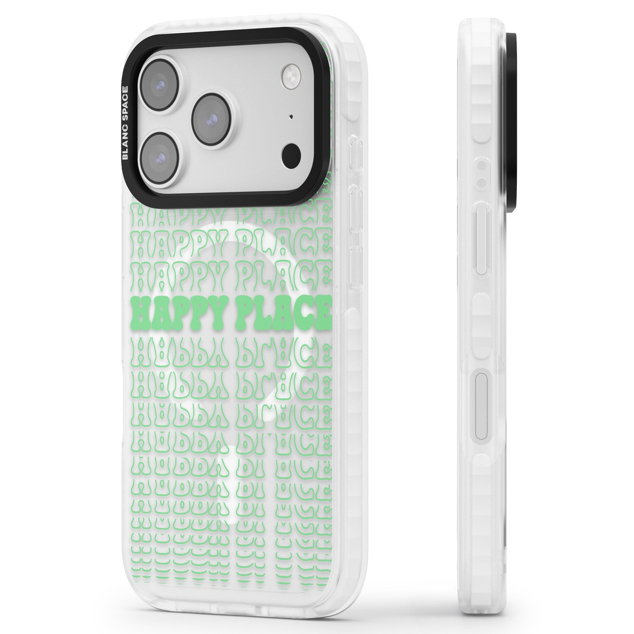 Happy Place (Green) iPhone 17 Pro Impact Pro Clear Phone Case Side Profile
