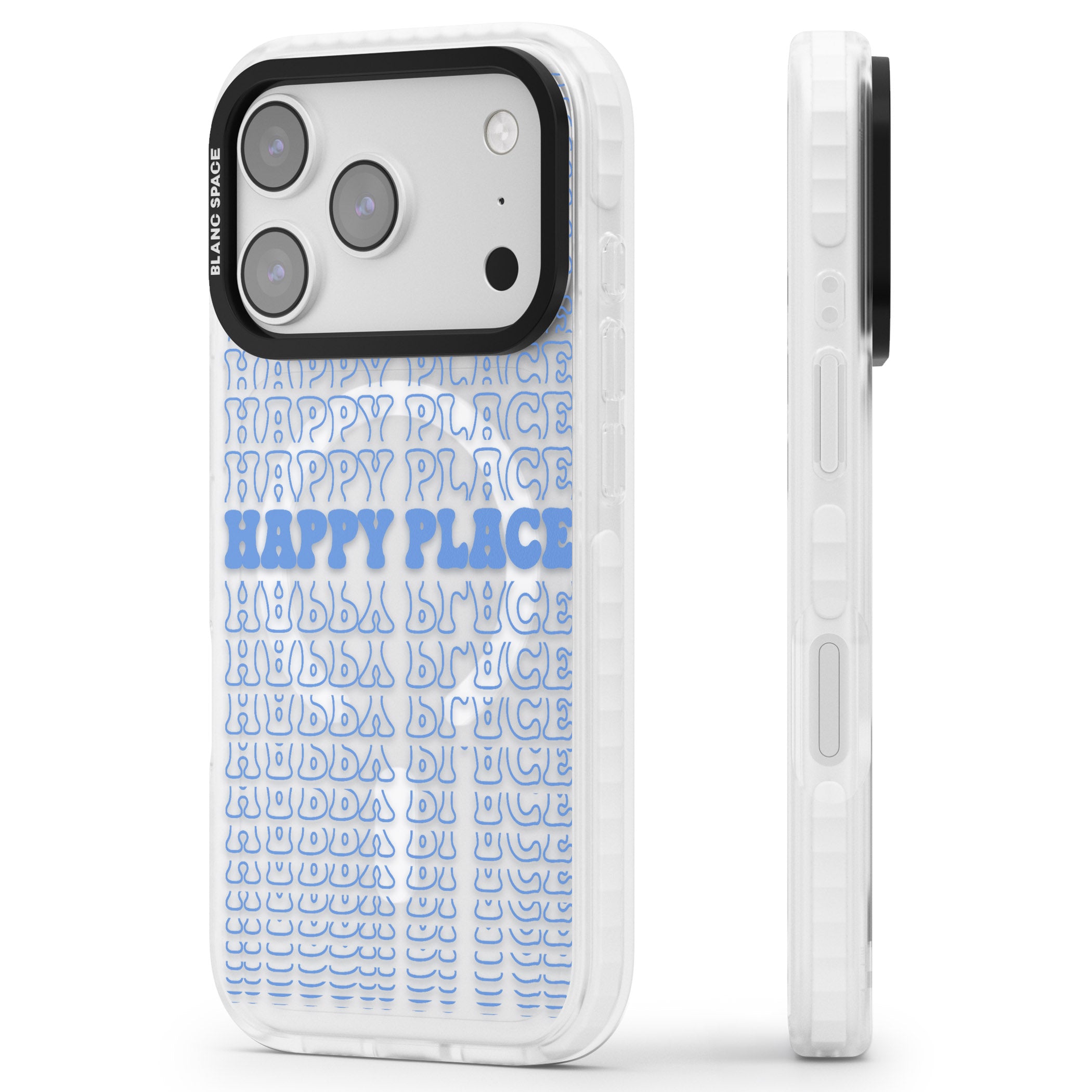 Happy Place (Blue) iPhone 17 Pro Impact Pro Clear Phone Case Side Profile