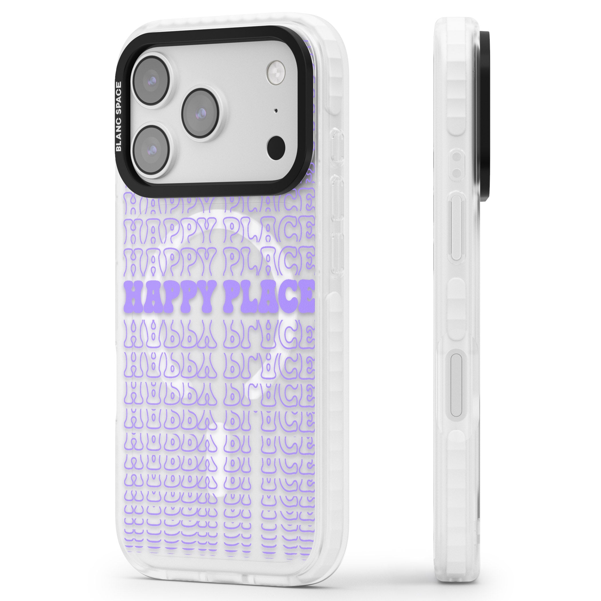 Happy Place (Purple) iPhone 17 Pro Impact Pro Clear Phone Case Side Profile