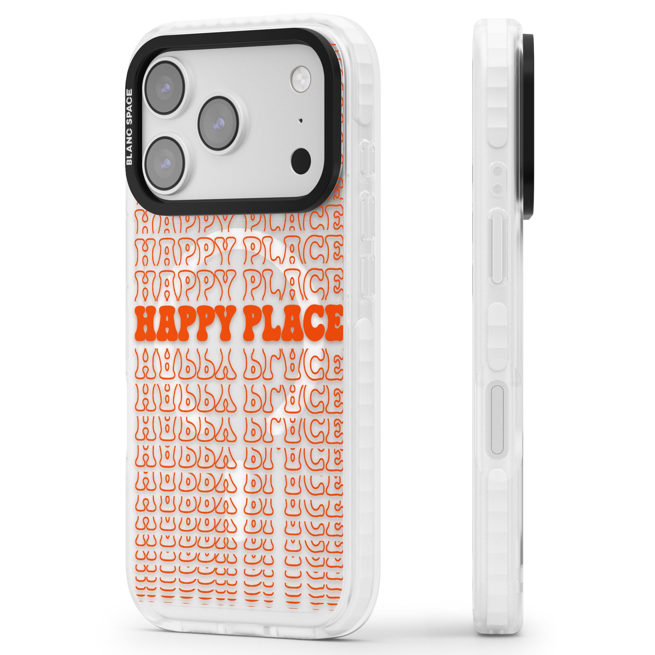 Happy Place (Orange) iPhone 17 Pro Impact Pro Clear Phone Case Side Profile
