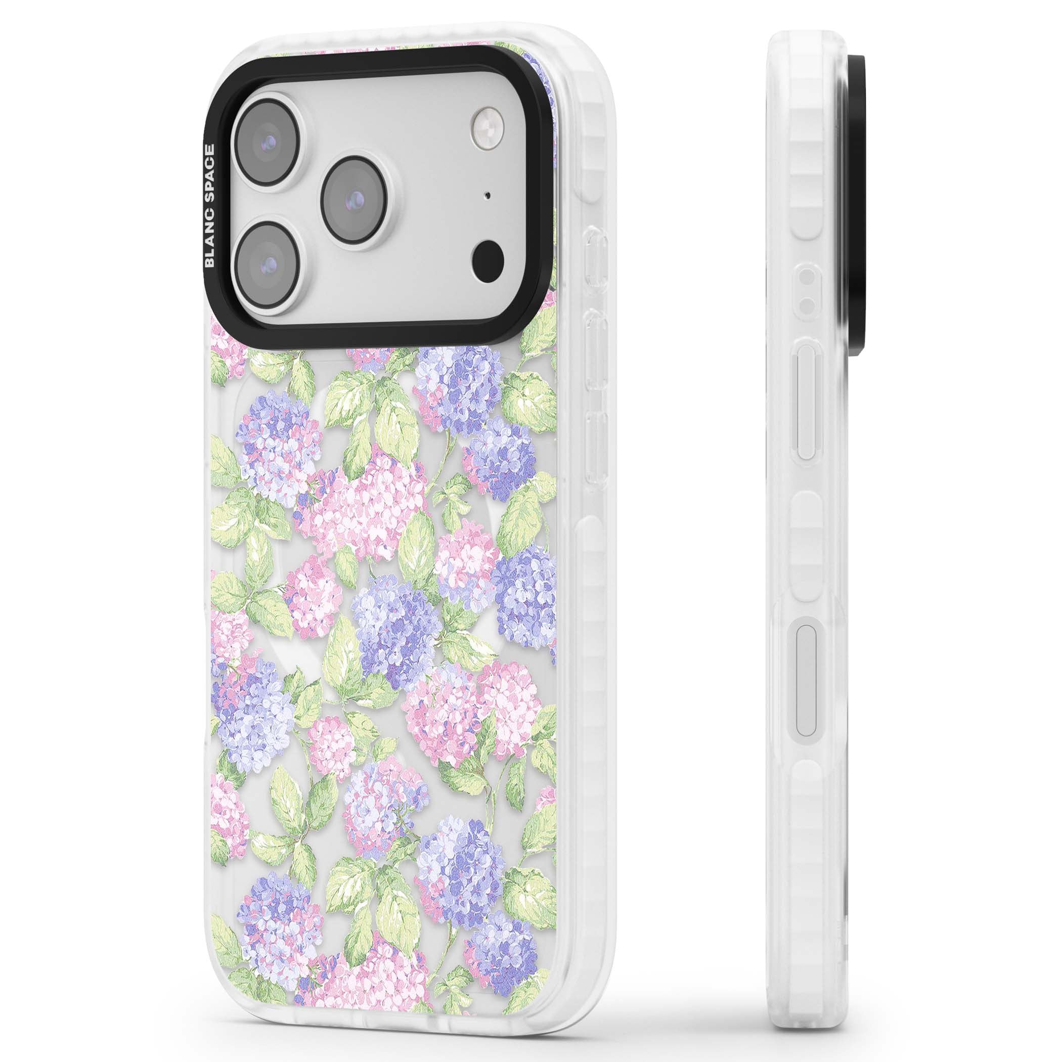 Cottage Hydrangea cottagecore iPhone case featuring pink and purple hydrangea blooms with green leaves on a clear background | Impact Magsafe case for iPhone 17 Pro, iPhone 17 Pro Max