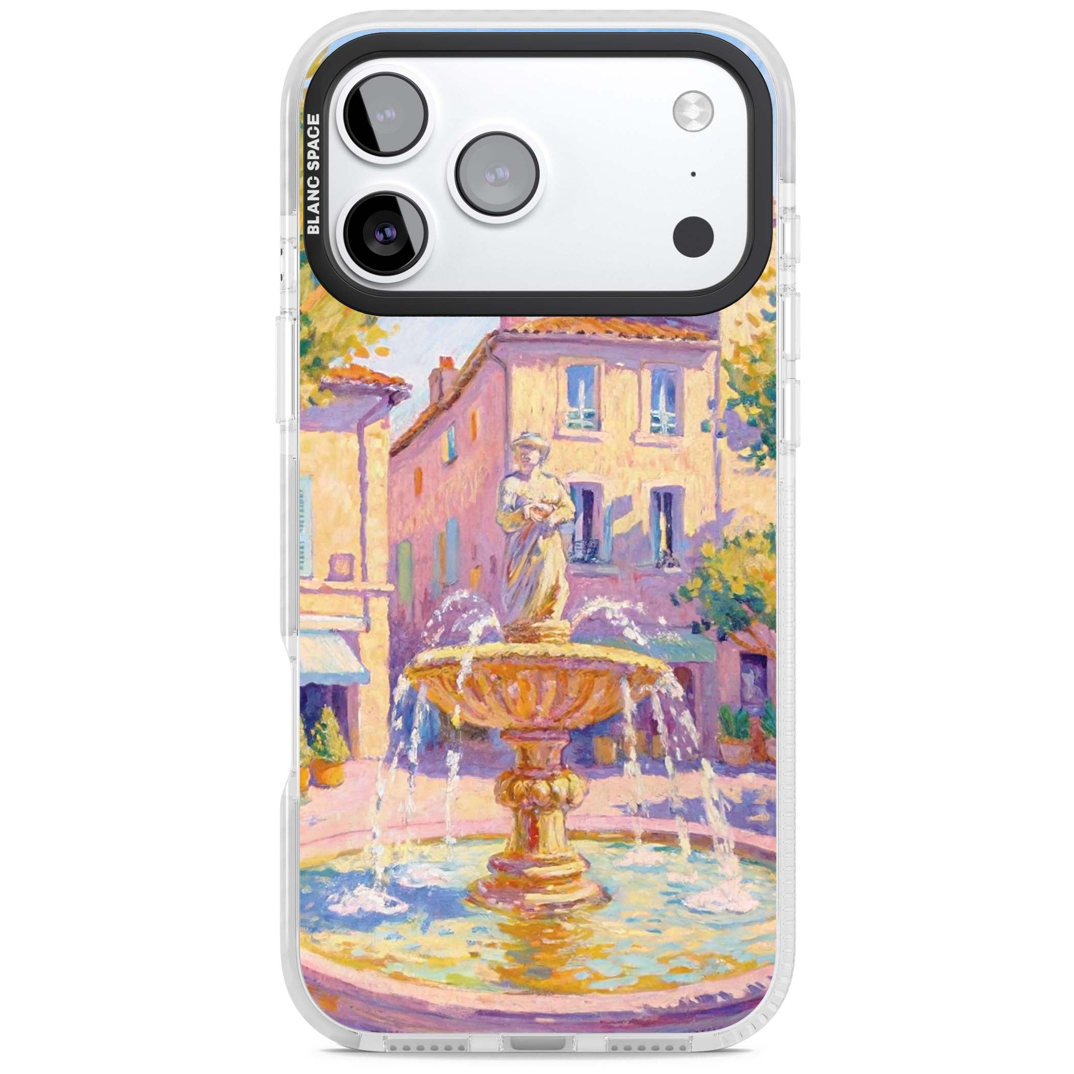 Fountain Square fine art iPhone case featuring an impressionist Provençal fountain, pastel village buildings and summe | Impact Magsafe case for iPhone 17 Pro, iPhone 17 Pro Max