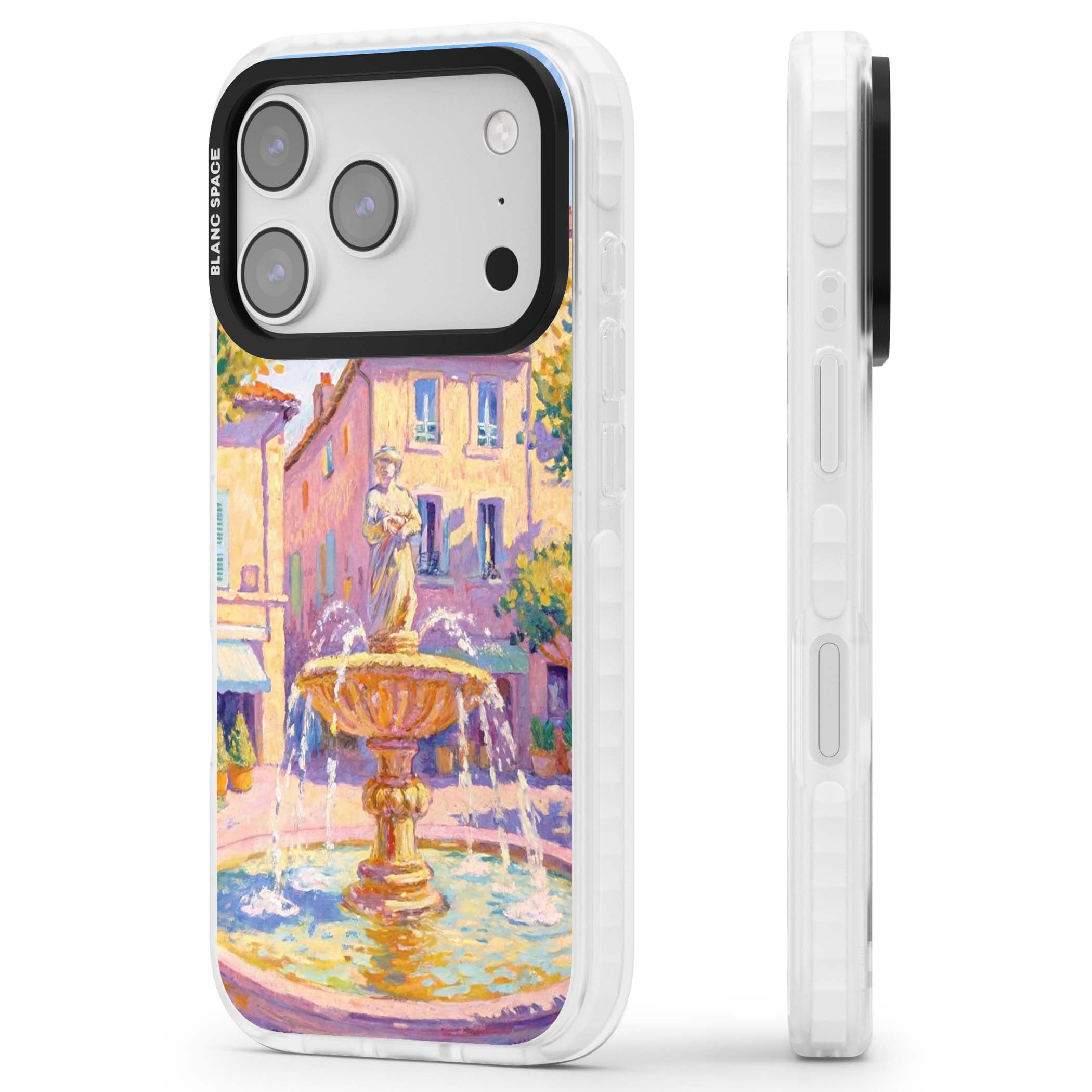 Fountain Square fine art iPhone case featuring an impressionist Provençal fountain, pastel village buildings and summe | Impact Magsafe case for iPhone 17 Pro, iPhone 17 Pro Max