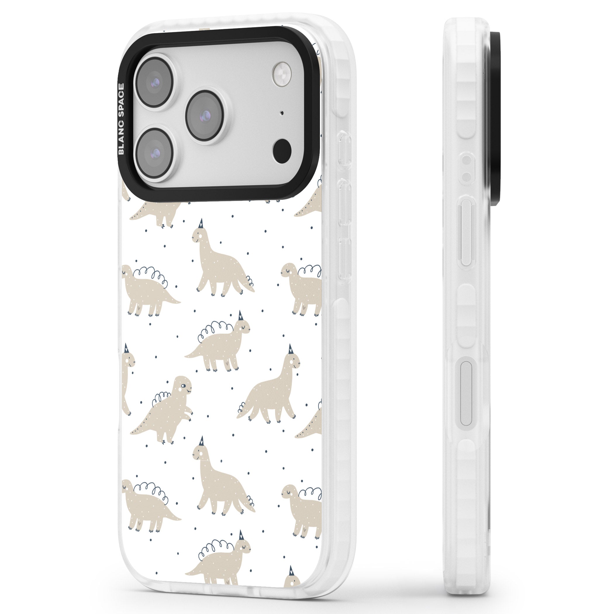 Party Dino Pattern iPhone 17 Pro Impact Pro Clear Phone Case Side Profile