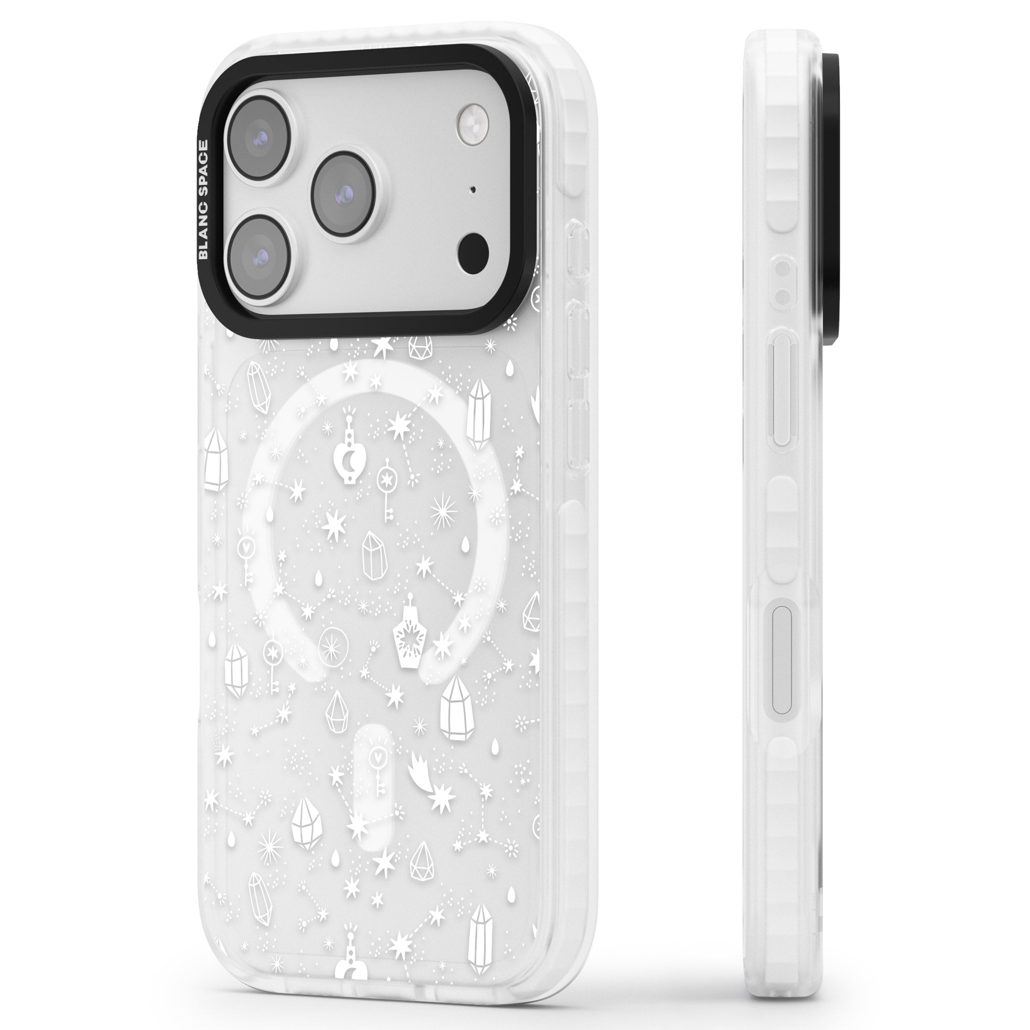 White Cosmic Crystal iPhone 17 Pro Impact Pro Clear Phone Case Side Profile