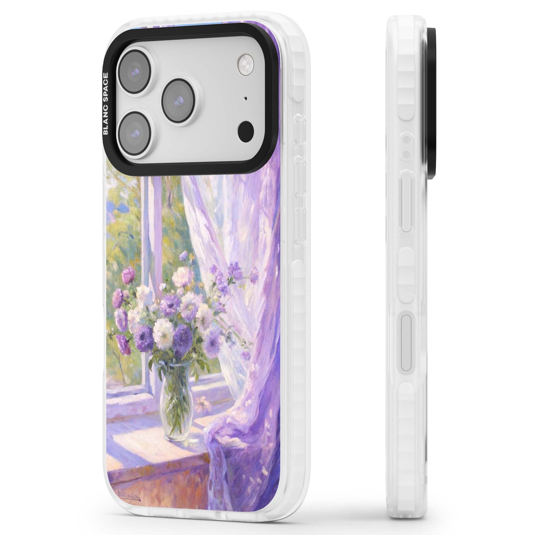 A Provence Morning impressionist art iPhone case featuring a vase of purple flowers, sunlit window and sheer curt | Impact Magsafe case for iPhone 17 Pro, iPhone 17 Pro Max