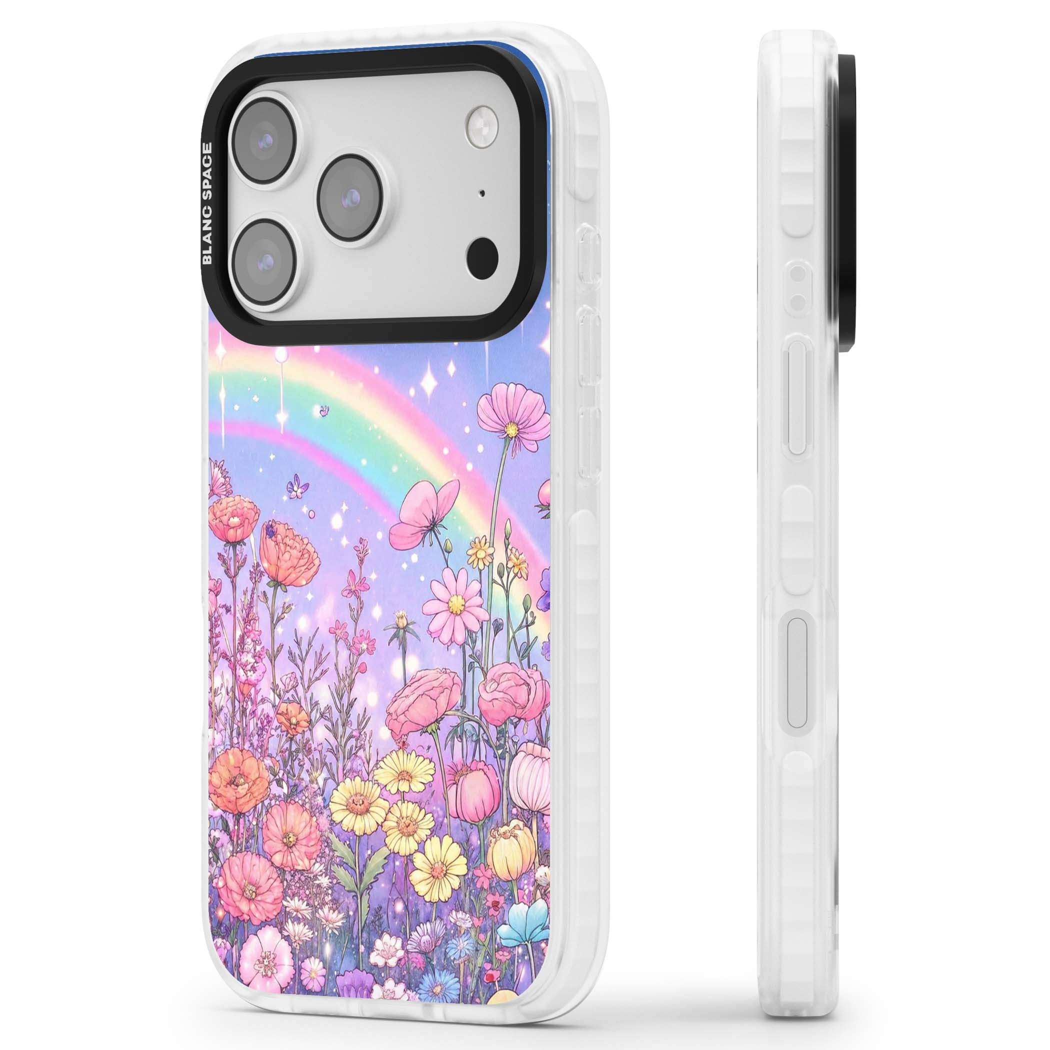 Magical Meadow fairycore iPhone case featuring a pastel rainbow, sparkling stars and a wildflower meadow | Impact Magsafe case for iPhone 17 Pro, iPhone 17 Pro Max