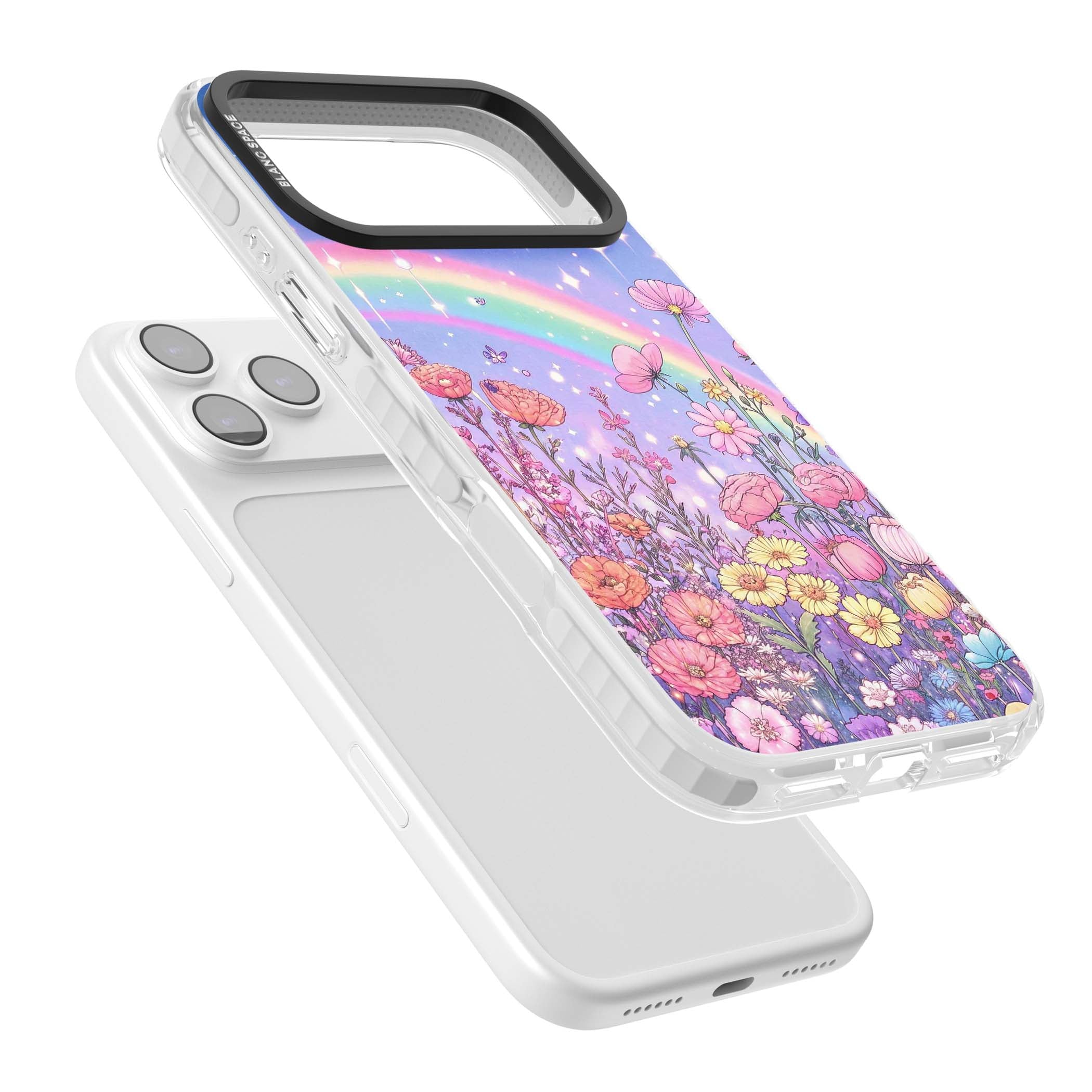 Magical Meadow fairycore iPhone case featuring a pastel rainbow, sparkling stars and a wildflower meadow | Impact Magsafe case for iPhone 17 Pro, iPhone 17 Pro Max
