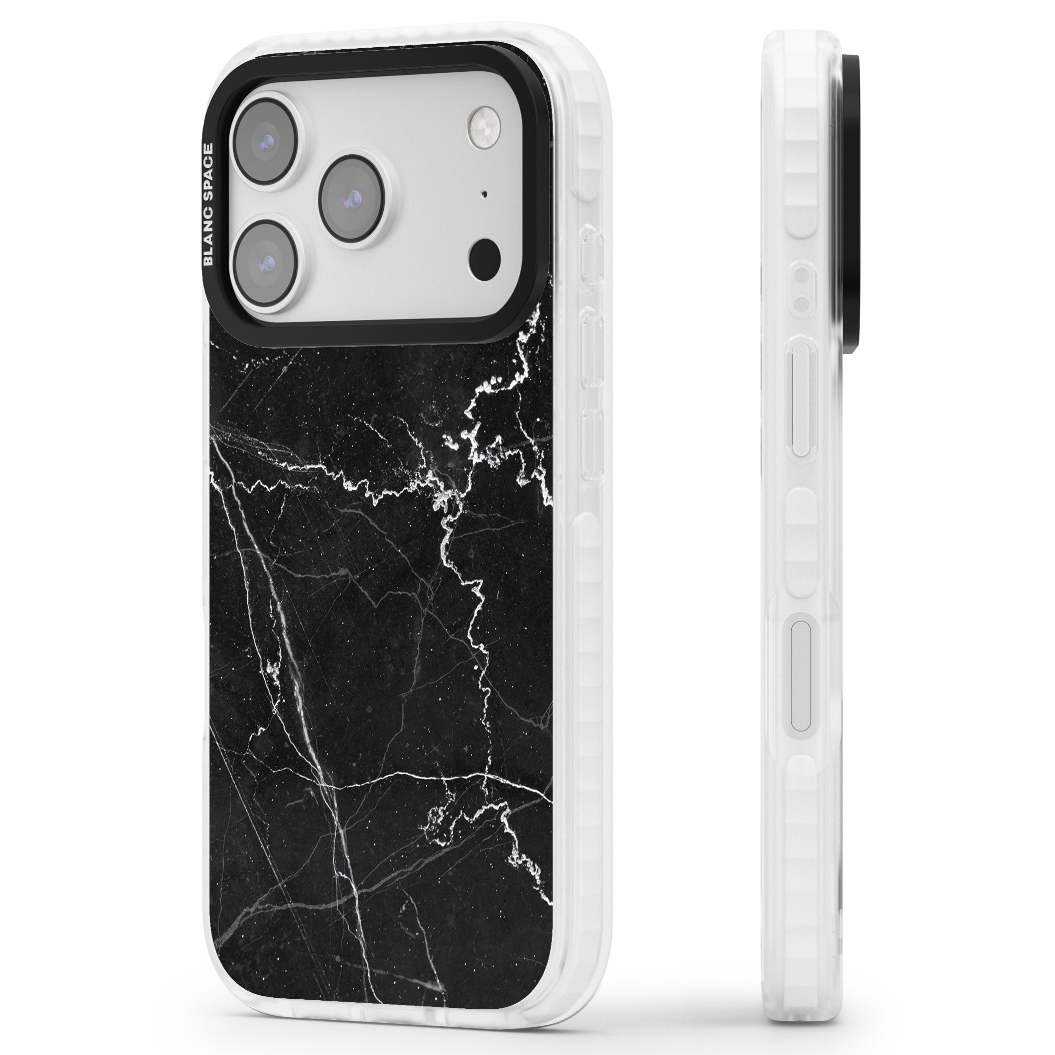 Bold Black Marble With White Texture iPhone 17 Pro Impact Pro Clear Phone Case Side Profile