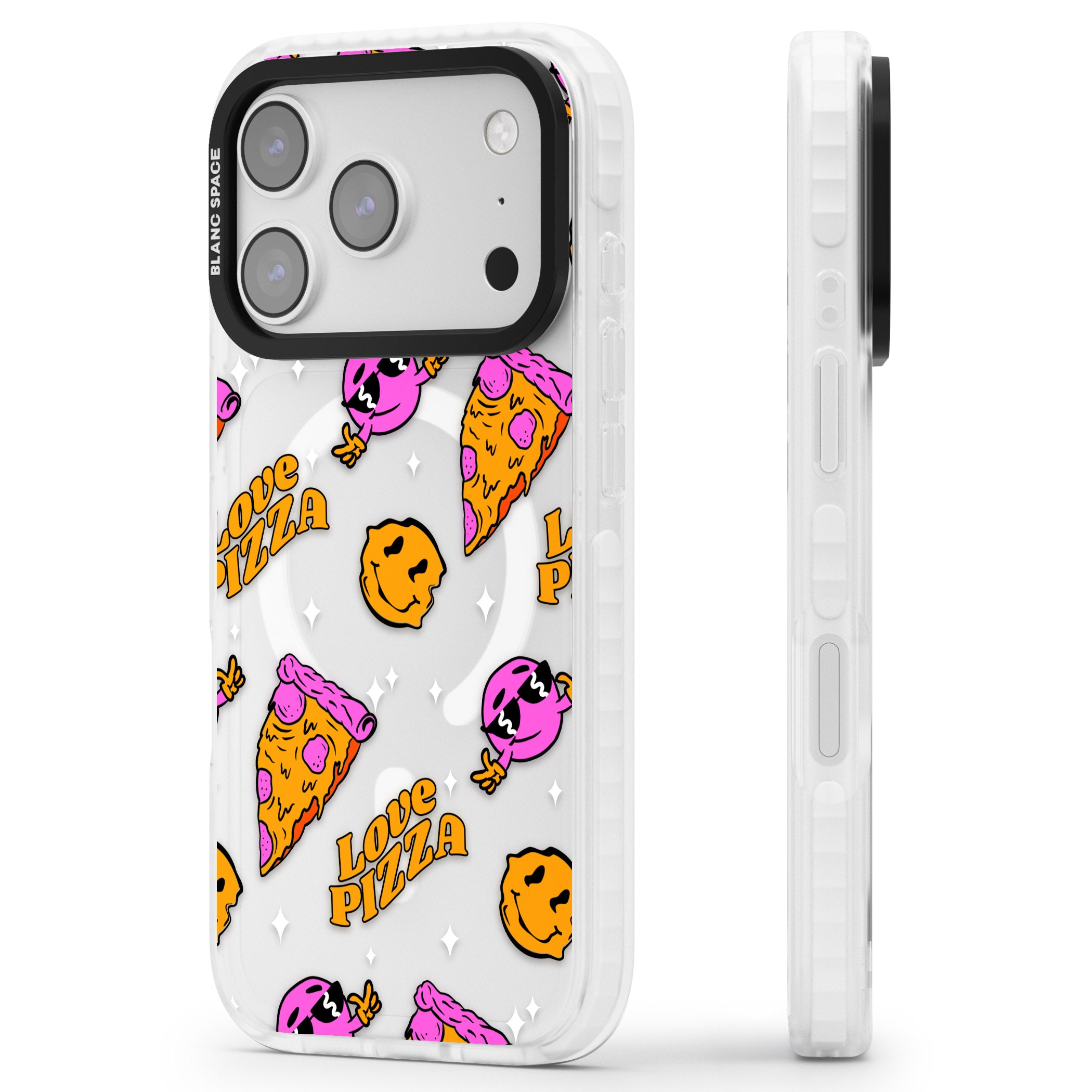 Psychedelic Love Pizza Pattern (Clear) iPhone 17 Pro Impact Pro Clear Phone Case Side Profile