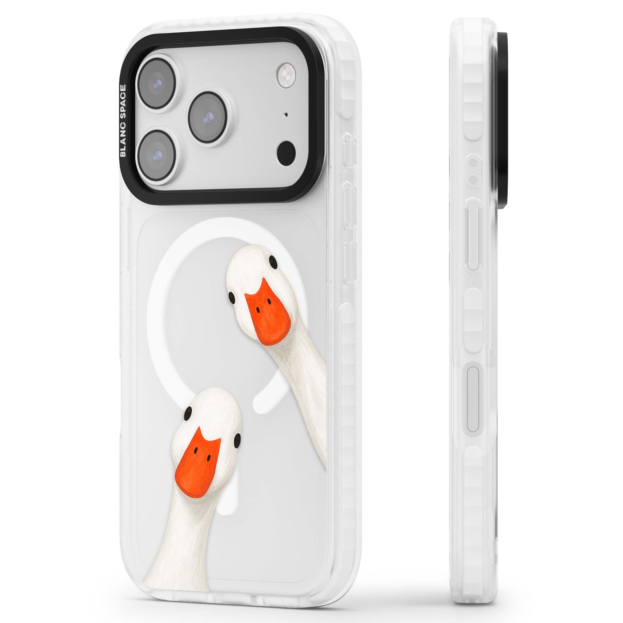 Nosy Ducks cottagecore iPhone case featuring two peeking white ducks with orange beaks on a clear background | Impact Magsafe case for iPhone 17 Pro, iPhone 17 Pro Max