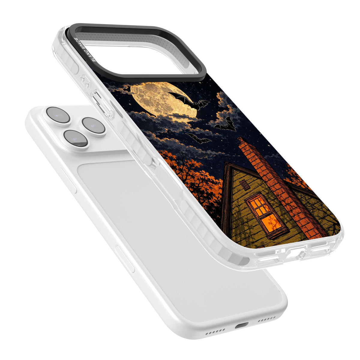 Hollows Eve Halloween iPhone case featuring a haunted house, full moon and flying bats against a starry autumn sky | Impact Magsafe case for iPhone 17 Pro, iPhone 17 Pro Max