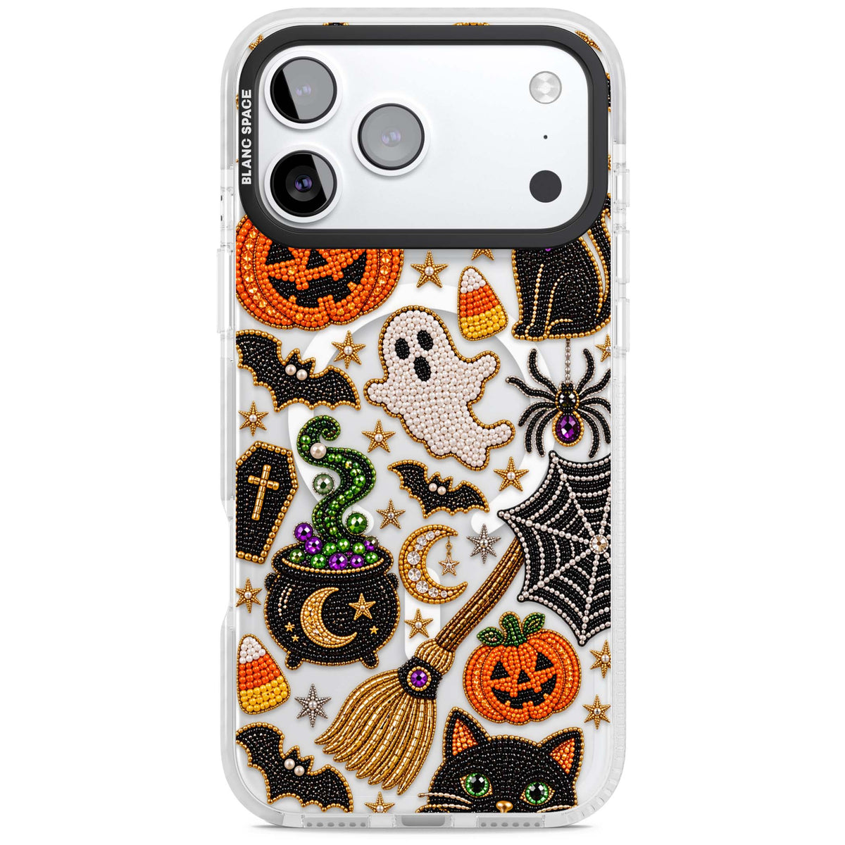 Beaded Halloween Halloween iPhone case featuring beaded pumpkins, ghosts, black cats and bats | Impact Magsafe case for iPhone 17 Pro, iPhone 17 Pro Max