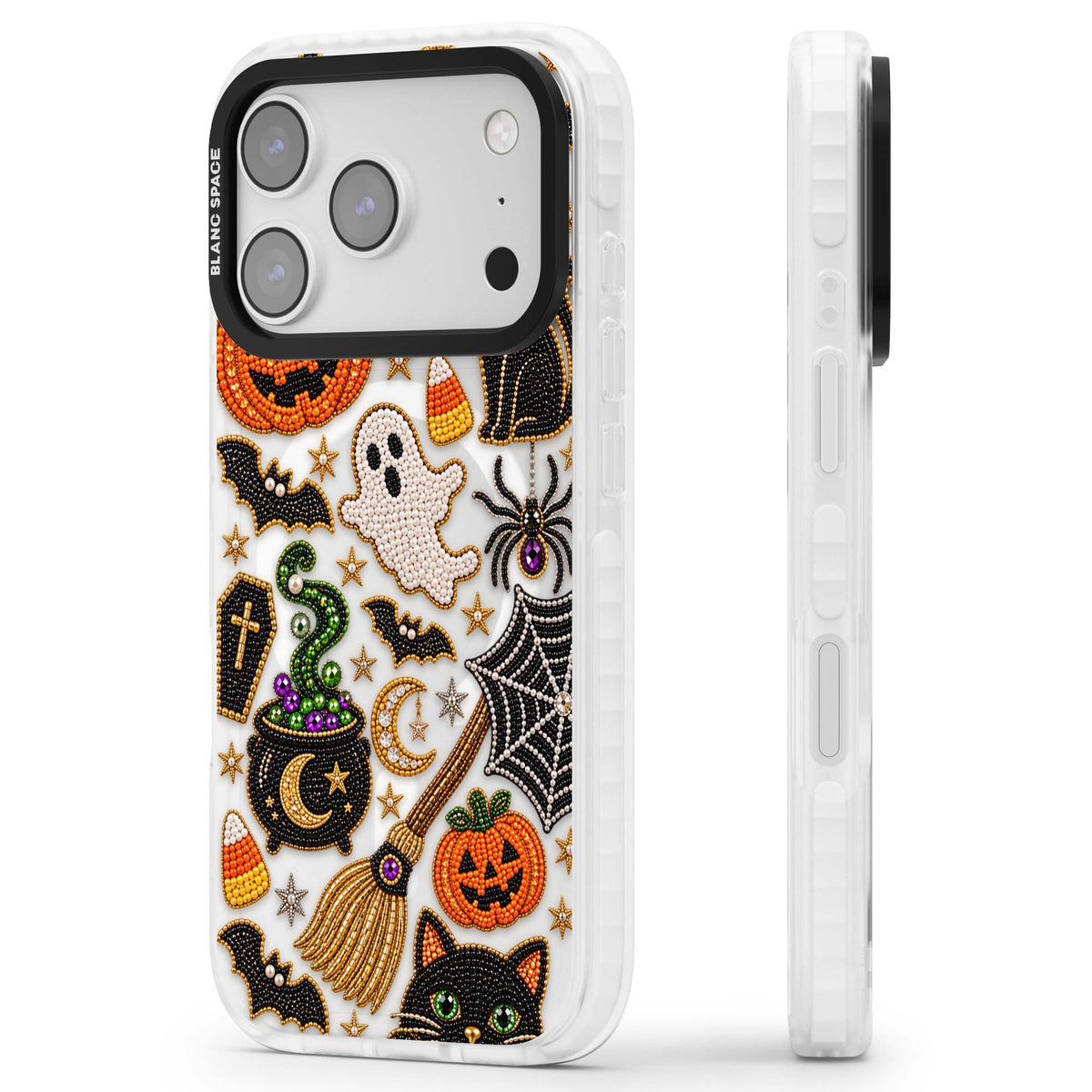Beaded Halloween Halloween iPhone case featuring beaded pumpkins, ghosts, black cats and bats | Impact Magsafe case for iPhone 17 Pro, iPhone 17 Pro Max