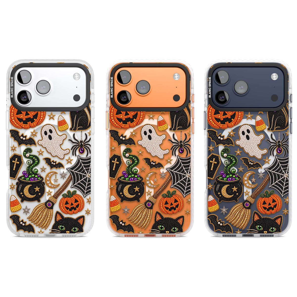 Beaded Halloween Halloween iPhone case featuring beaded pumpkins, ghosts, black cats and bats | Impact Magsafe case for iPhone 17 Pro, iPhone 17 Pro Max