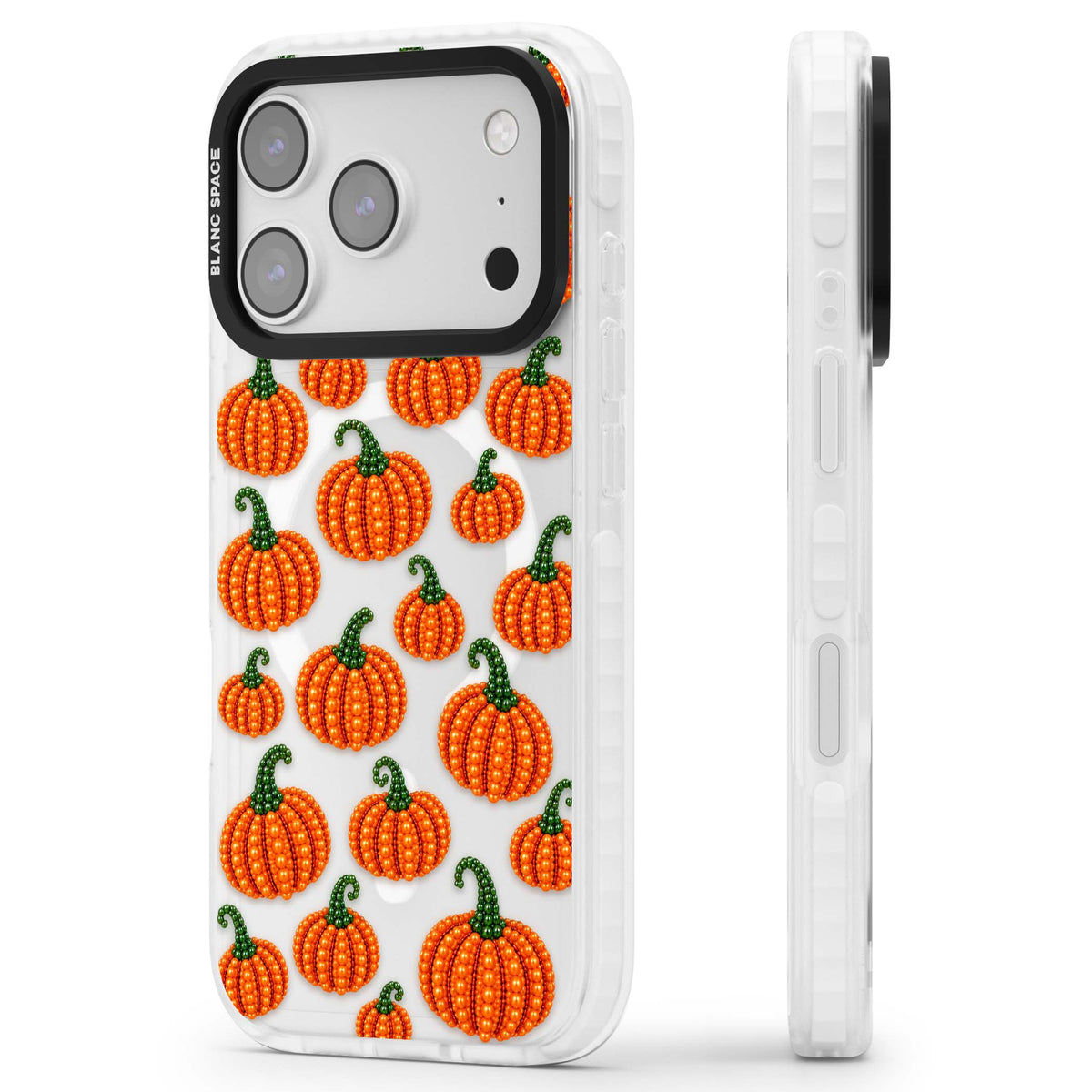 Beaded Pumpkins halloween iPhone case featuring beaded orange pumpkins with green stems on a clear background | Impact Magsafe case for iPhone 17 Pro, iPhone 17 Pro Max