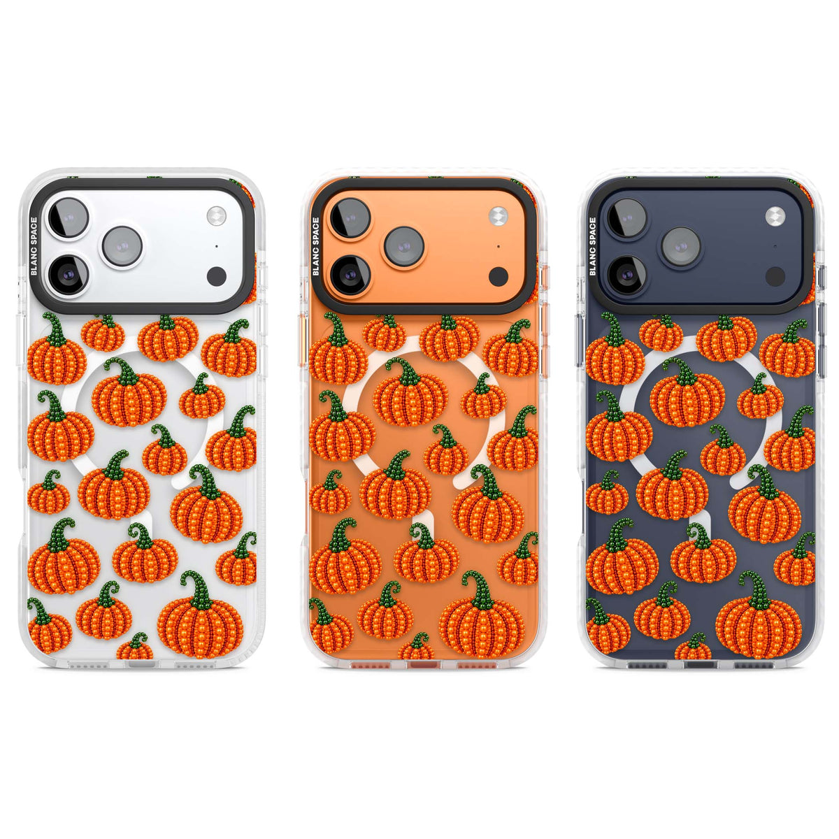 Beaded Pumpkins halloween iPhone case featuring beaded orange pumpkins with green stems on a clear background | Impact Magsafe case for iPhone 17 Pro, iPhone 17 Pro Max