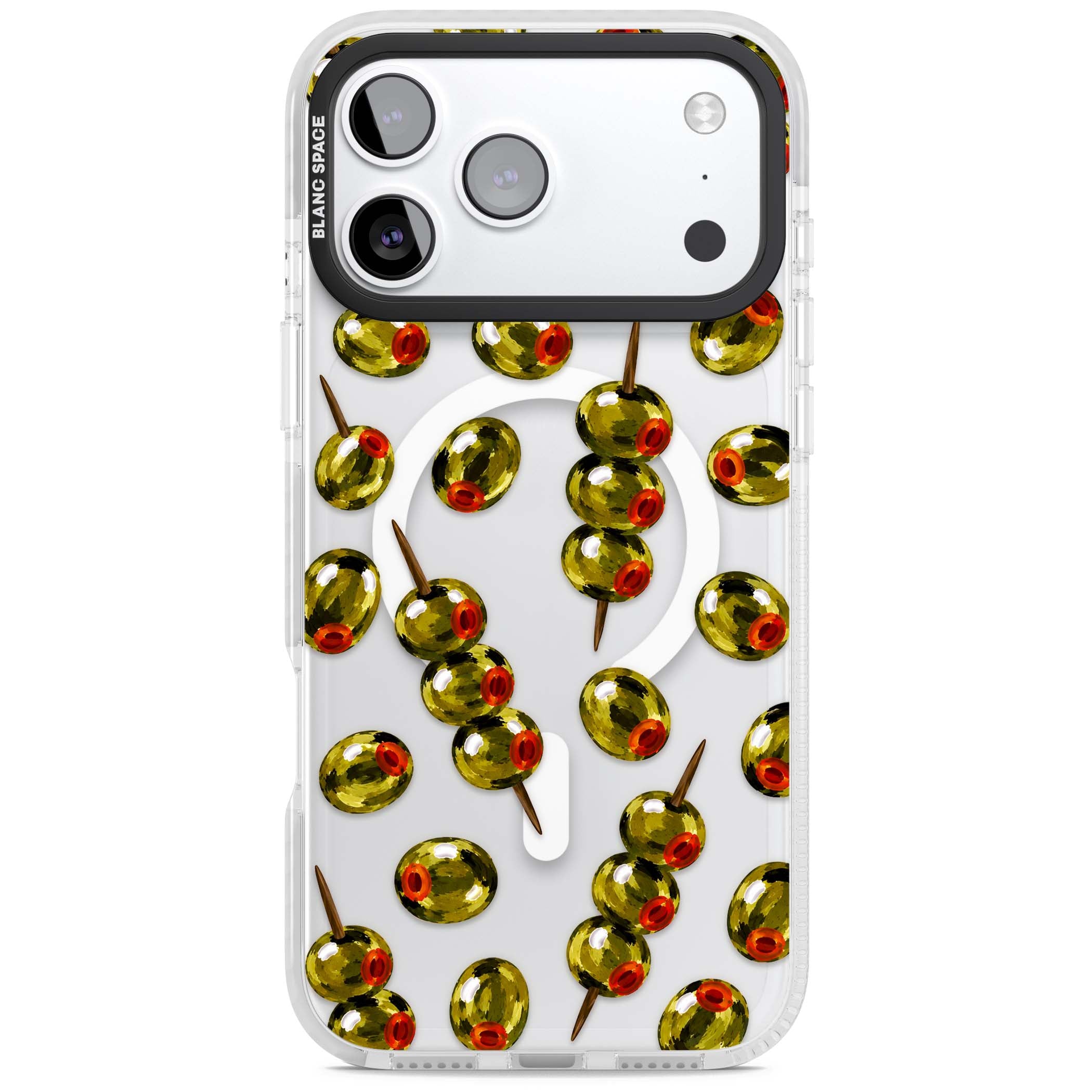 Painted Olives cocktail iPhone case featuring green olives, pimento centres and toothpick skewers on a clear background | Impact Magsafe case for iPhone 17 Pro, iPhone 17 Pro Max